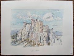 Aquarelle de Provence du Château des Baux et des falaises calcaires éclairées par le soleil