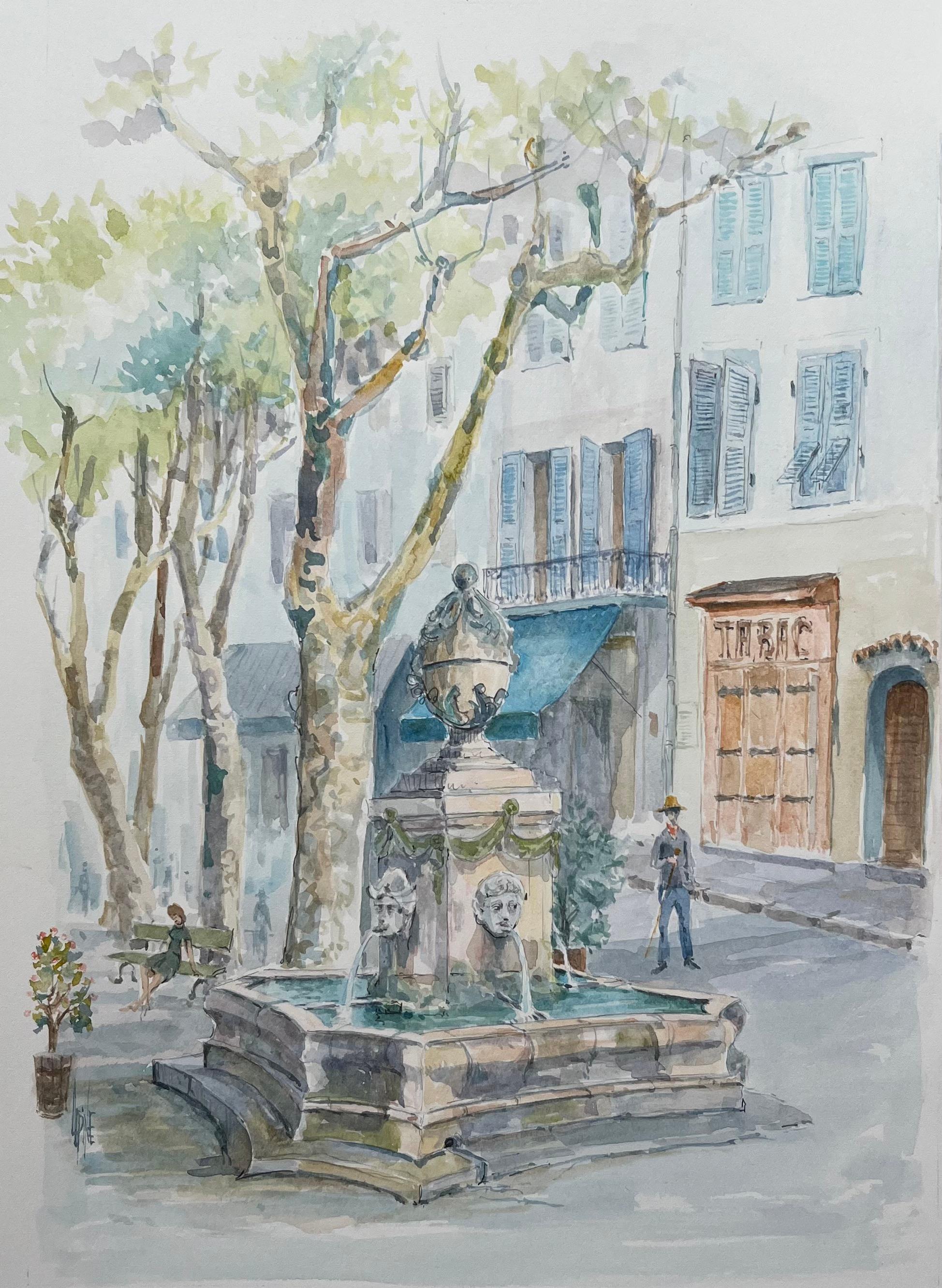 Landscape Painting de Robert Lepine (1929 - 2017) - Acuarela provenzal de fuente de pueblo y plaza sombreada