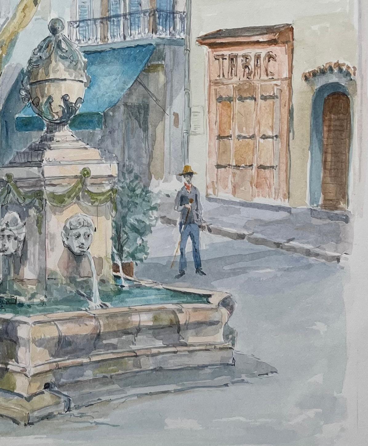 Acuarela provenzal de fuente de pueblo y plaza sombreada - Landscape Painting Gris de Robert Lepine (1929 - 2017)