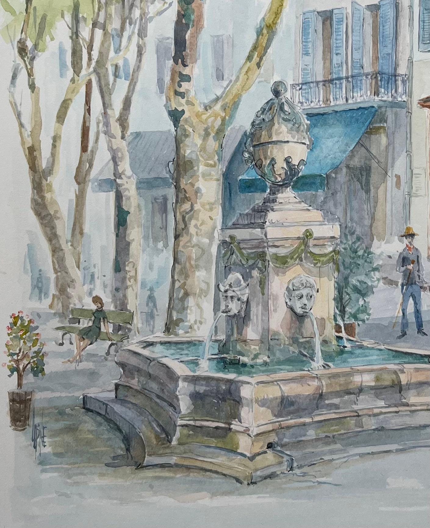 Acuarela provenzal de fuente de pueblo y plaza sombreada - Painting Escuela francesa de Robert Lepine (1929 - 2017)