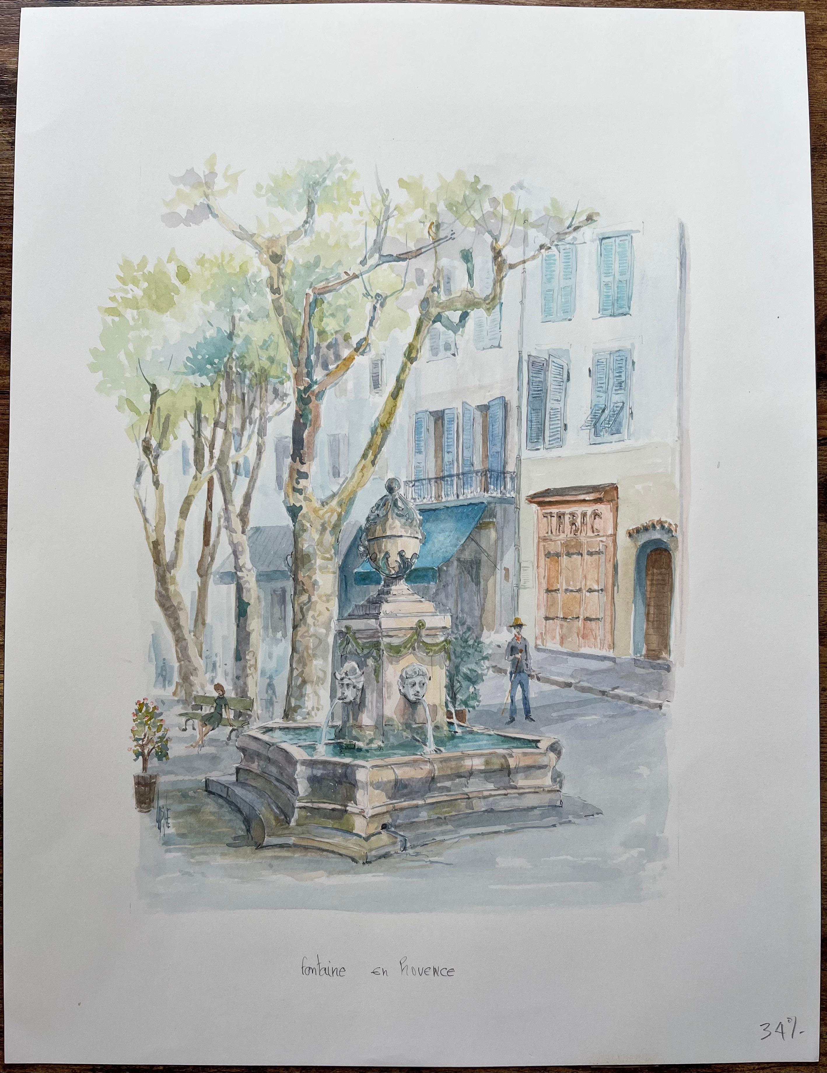 Acuarela provenzal de fuente de pueblo y plaza sombreada - Painting de Robert Lepine (1929 - 2017)