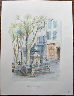 Provence Watercolor of Village Fountain & Shaded Town Square