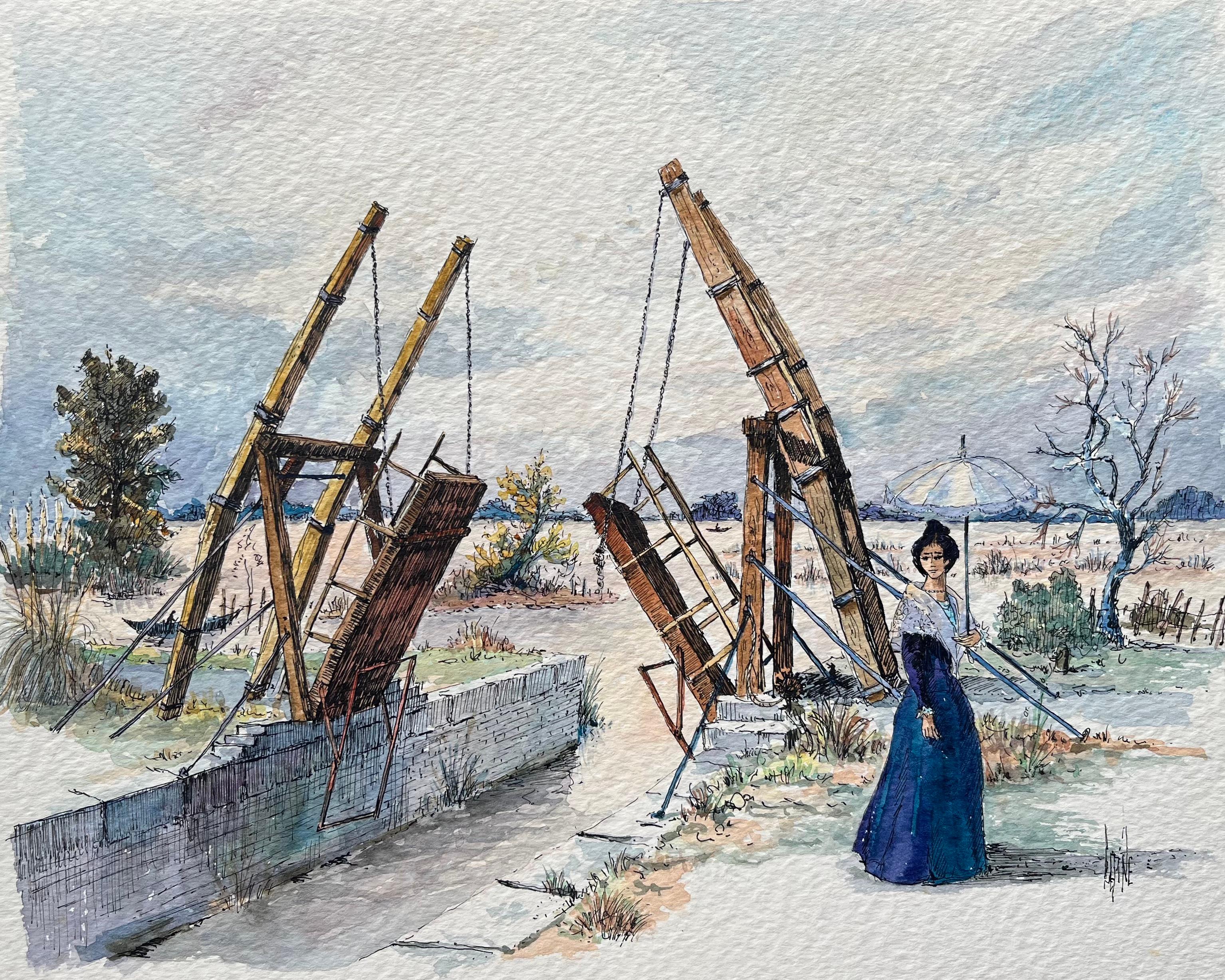 Robert Lepine (1929 - 2017) Landscape Art – Provence Aquarell von Van Goghs Langlois Brücke & Elegante Dame mit Sonnenschirm