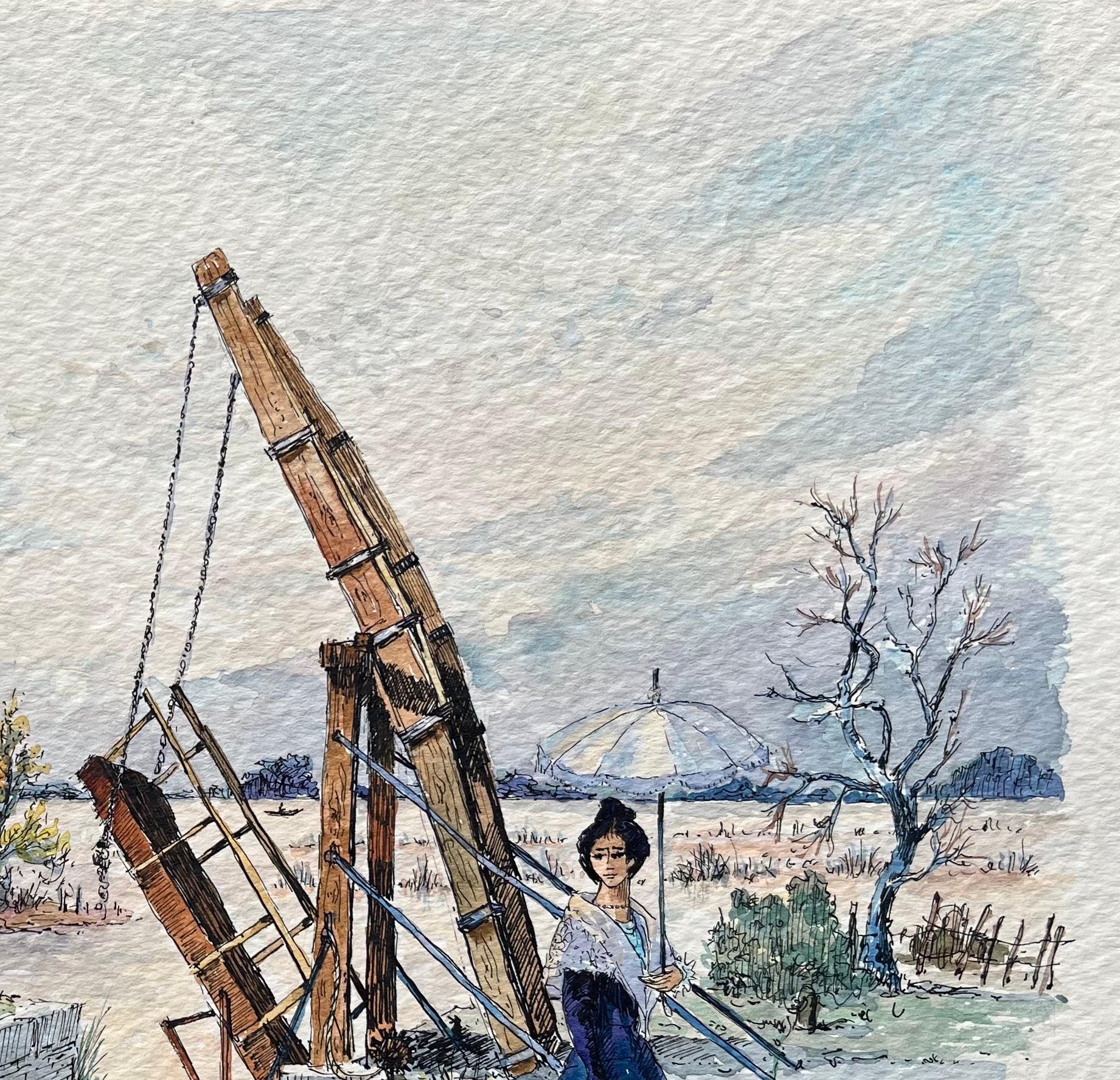 Provence Aquarell von Van Goghs Langlois Brücke & Elegante Dame mit Sonnenschirm (Grau), Landscape Art, von Robert Lepine (1929 - 2017)