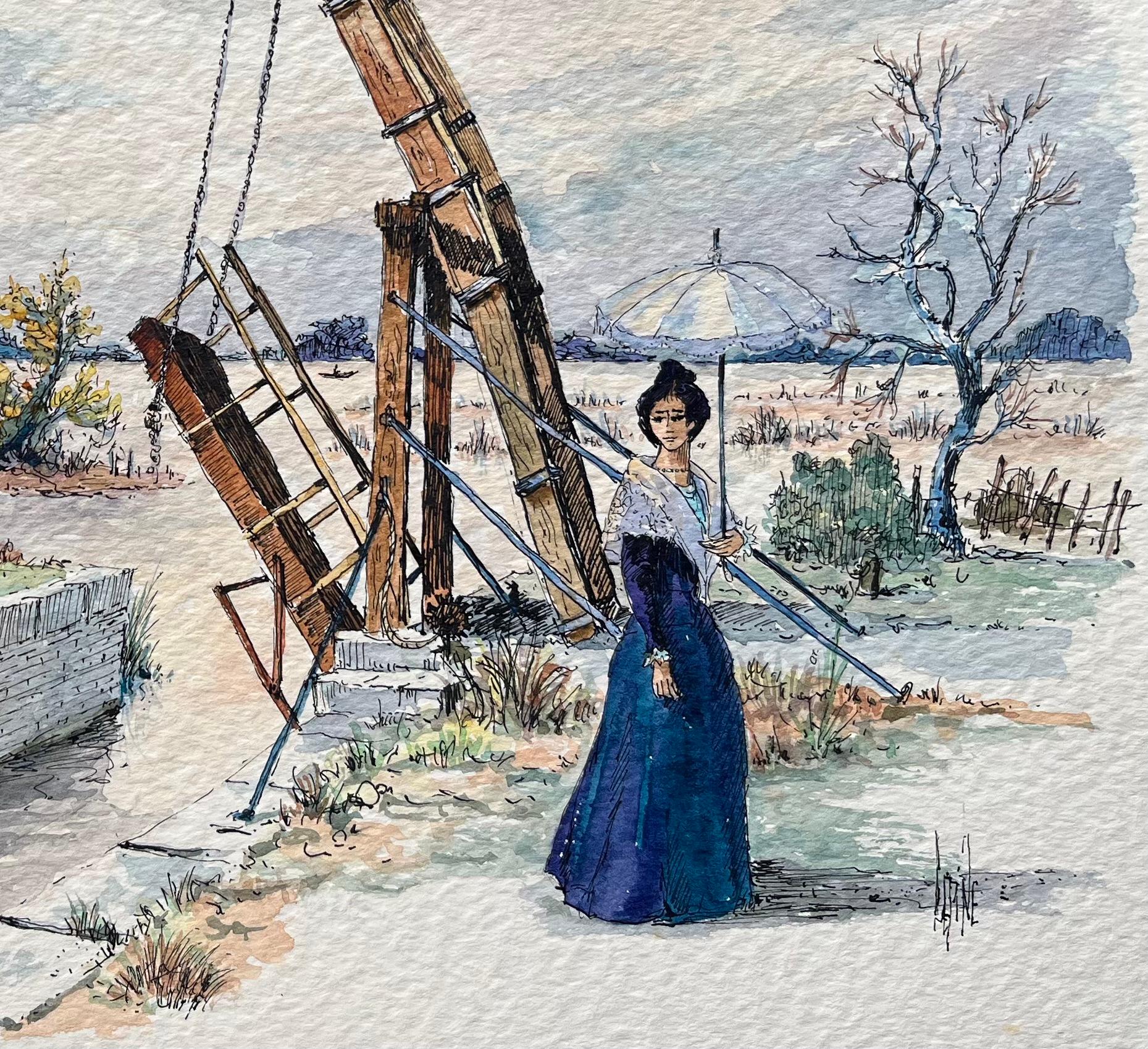 Provence Aquarell von Van Goghs Langlois Brücke & Elegante Dame mit Sonnenschirm (Französische Schule), Art, von Robert Lepine (1929 - 2017)