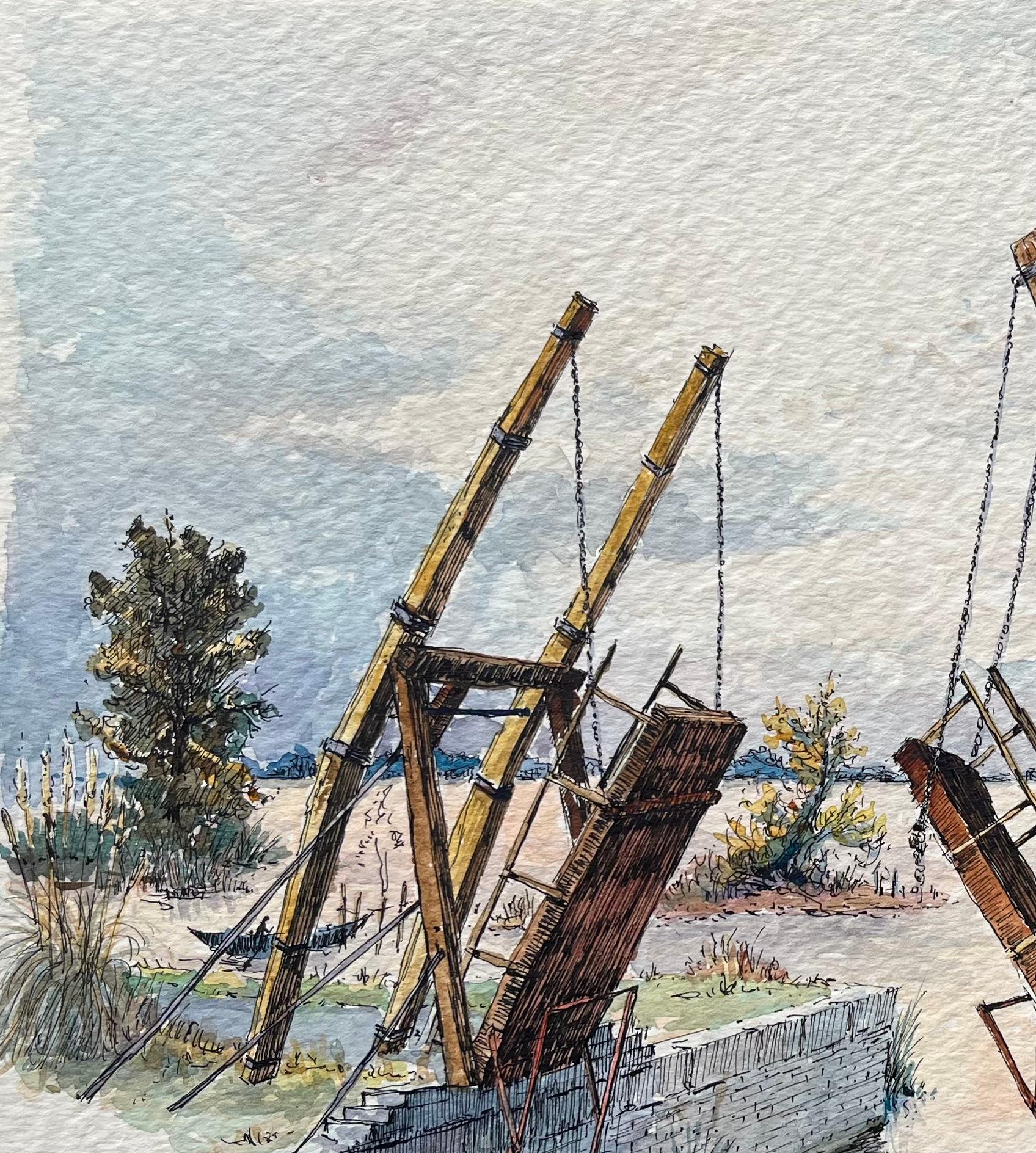 Provence Aquarell von Van Goghs Langlois Brücke & Elegante Dame mit Sonnenschirm im Angebot 1