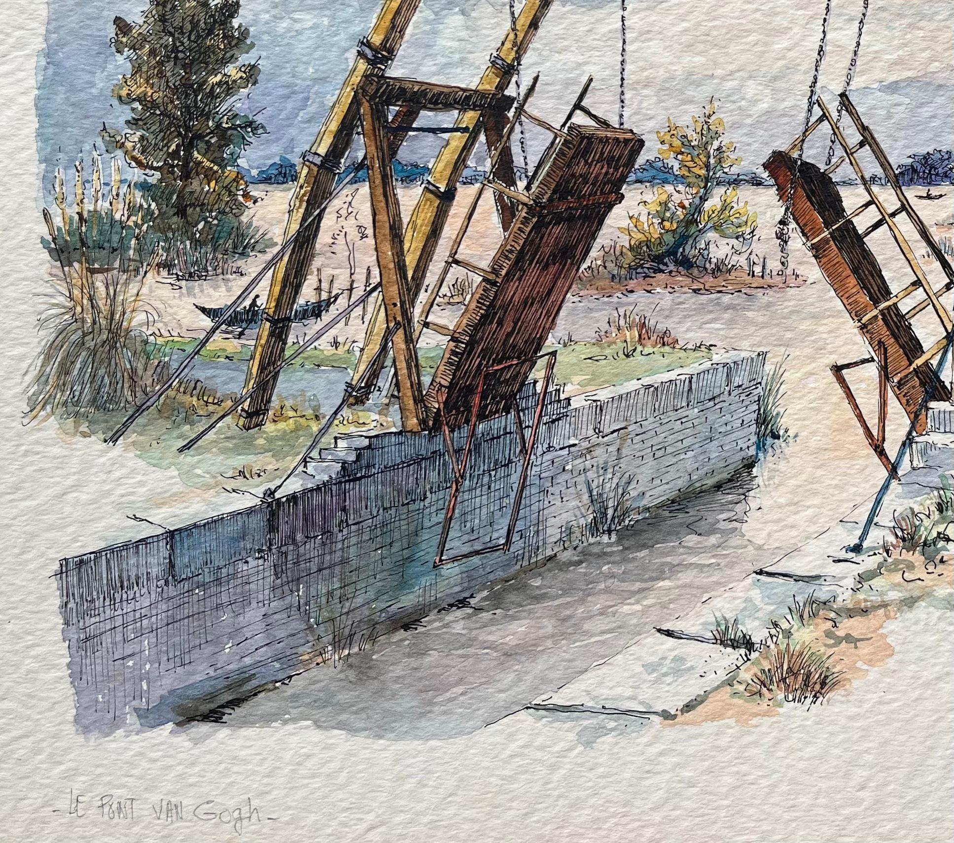 Titel: Provence Aquarell von Van Goghs Langlois Brücke & Elegante Dame mit Sonnenschirm
von Robert Lepine (Franzose, 1929 - 2017)
Unterschrieben: Ja
Medium: Aquarellmalerei auf Künstlerpapier
Größe: 10,75 x 13,5 (Höhe x Breite)
Provenienz: Aus der