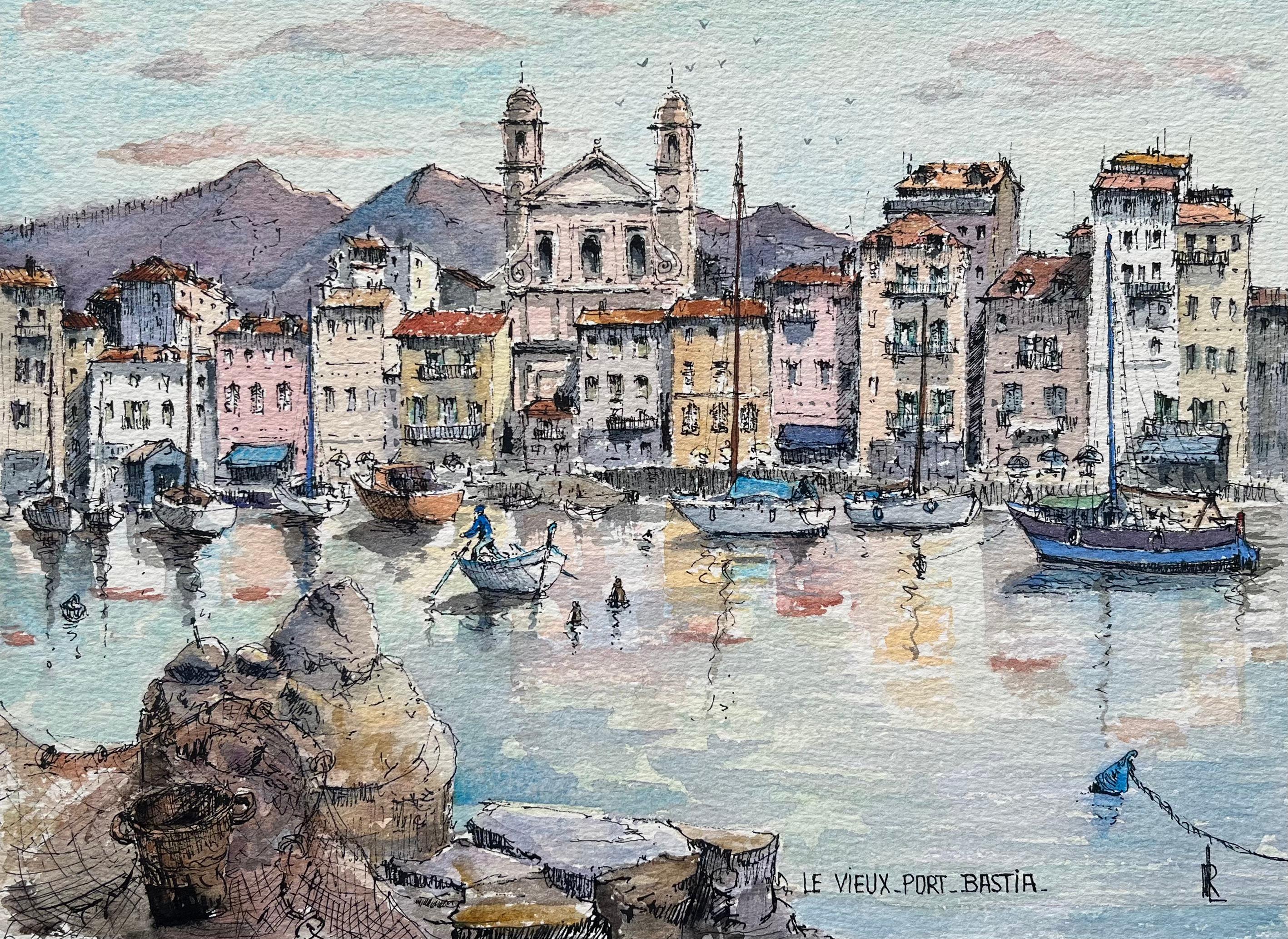Landscape Painting Robert Lepine (1929 - 2017) - Aquarelle de Vieux Port Bastia avec des bateaux et des façades colorées