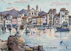 Corsica Aquarell von Vieux Port Bastia mit Booten und bunten Fassaden, Korsika