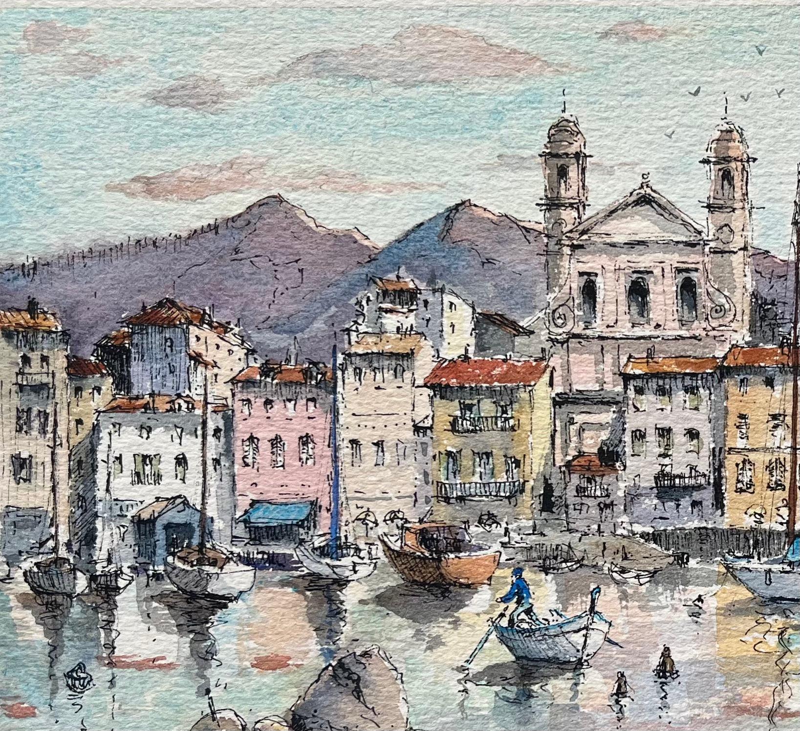 Aquarelle de Vieux Port Bastia avec des bateaux et des façades colorées - École française Painting par Robert Lepine (1929 - 2017)