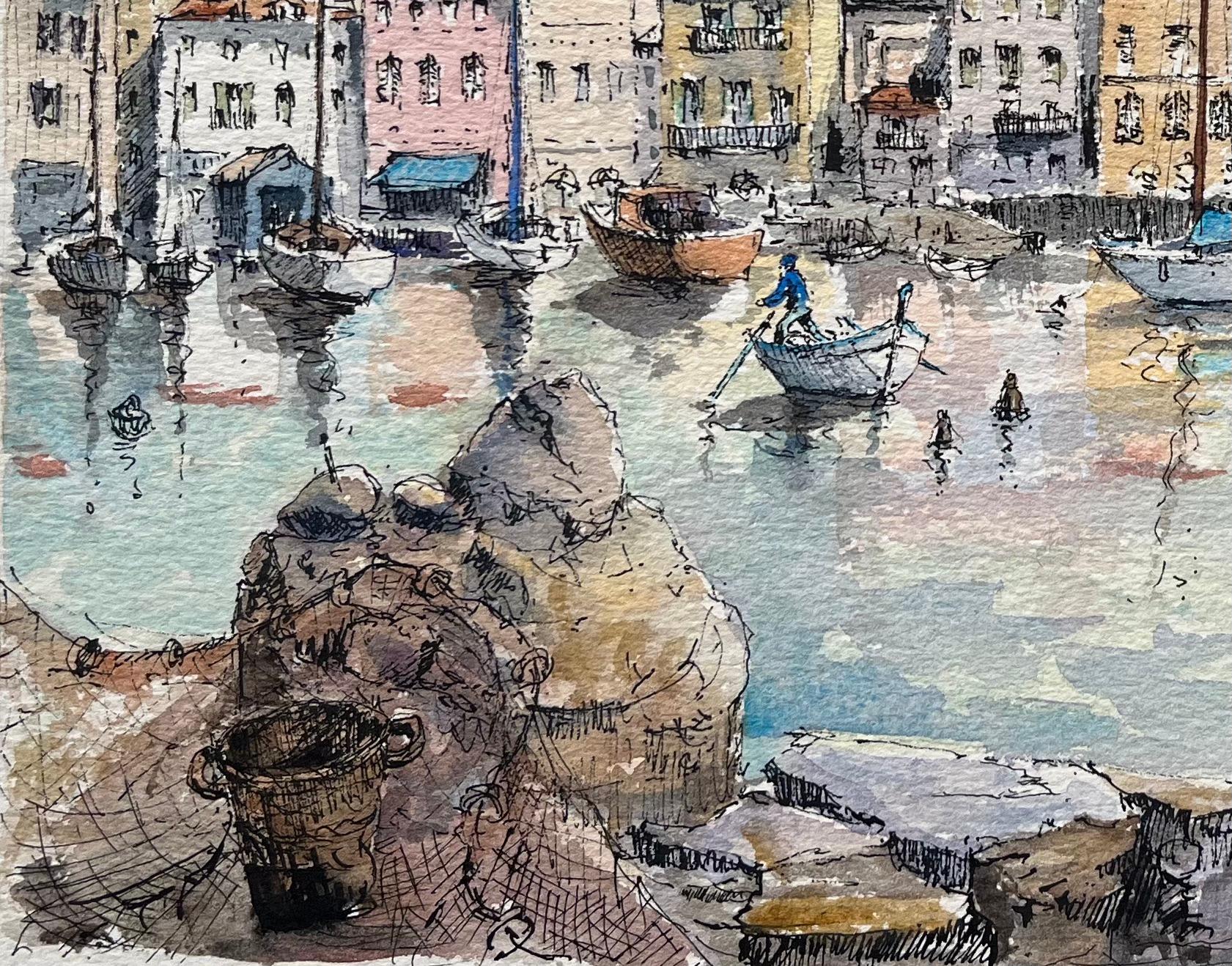 Aquarelle de Vieux Port Bastia avec des bateaux et des façades colorées en vente 1