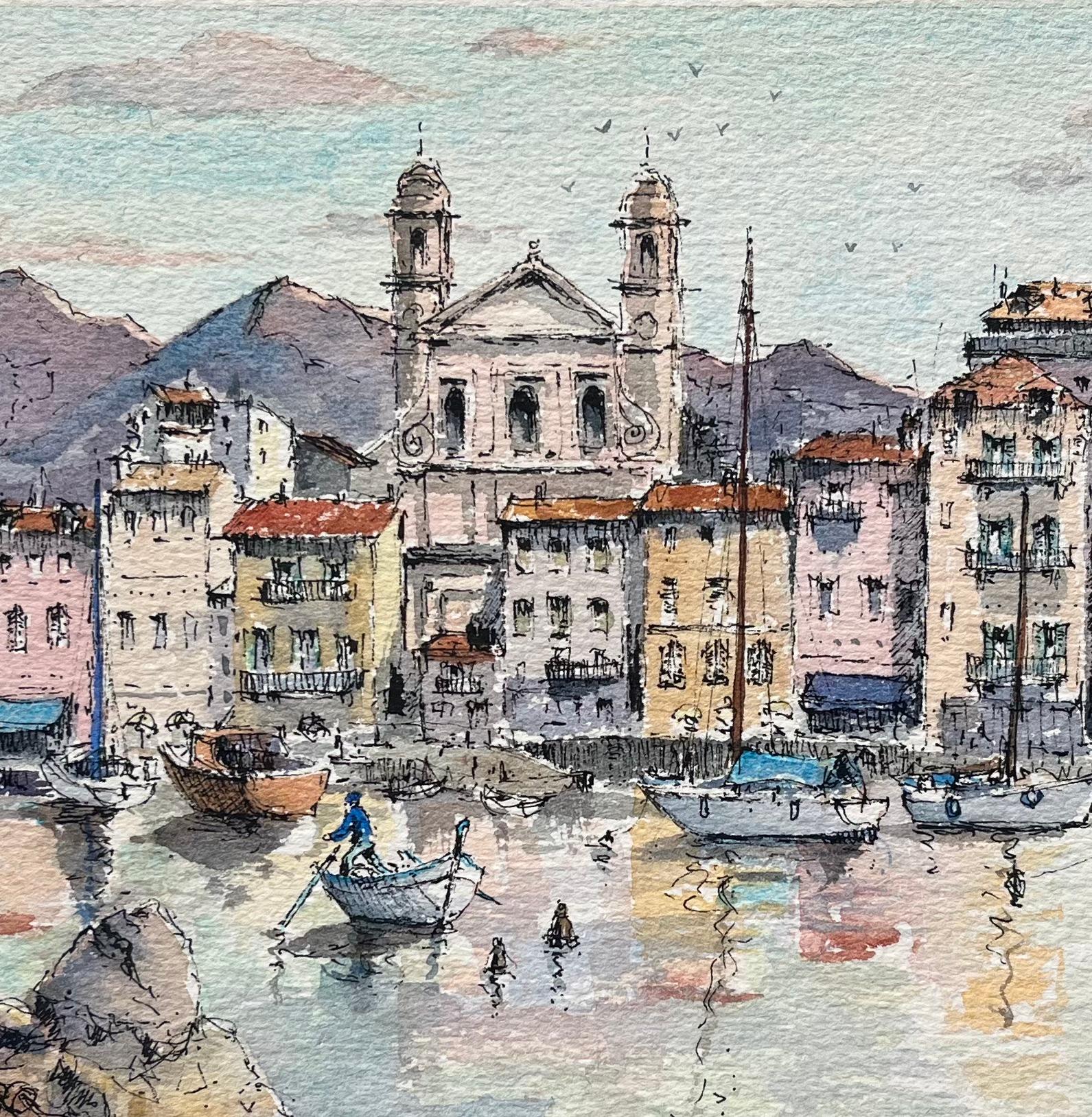 Aquarelle de Vieux Port Bastia avec des bateaux et des façades colorées en vente 2