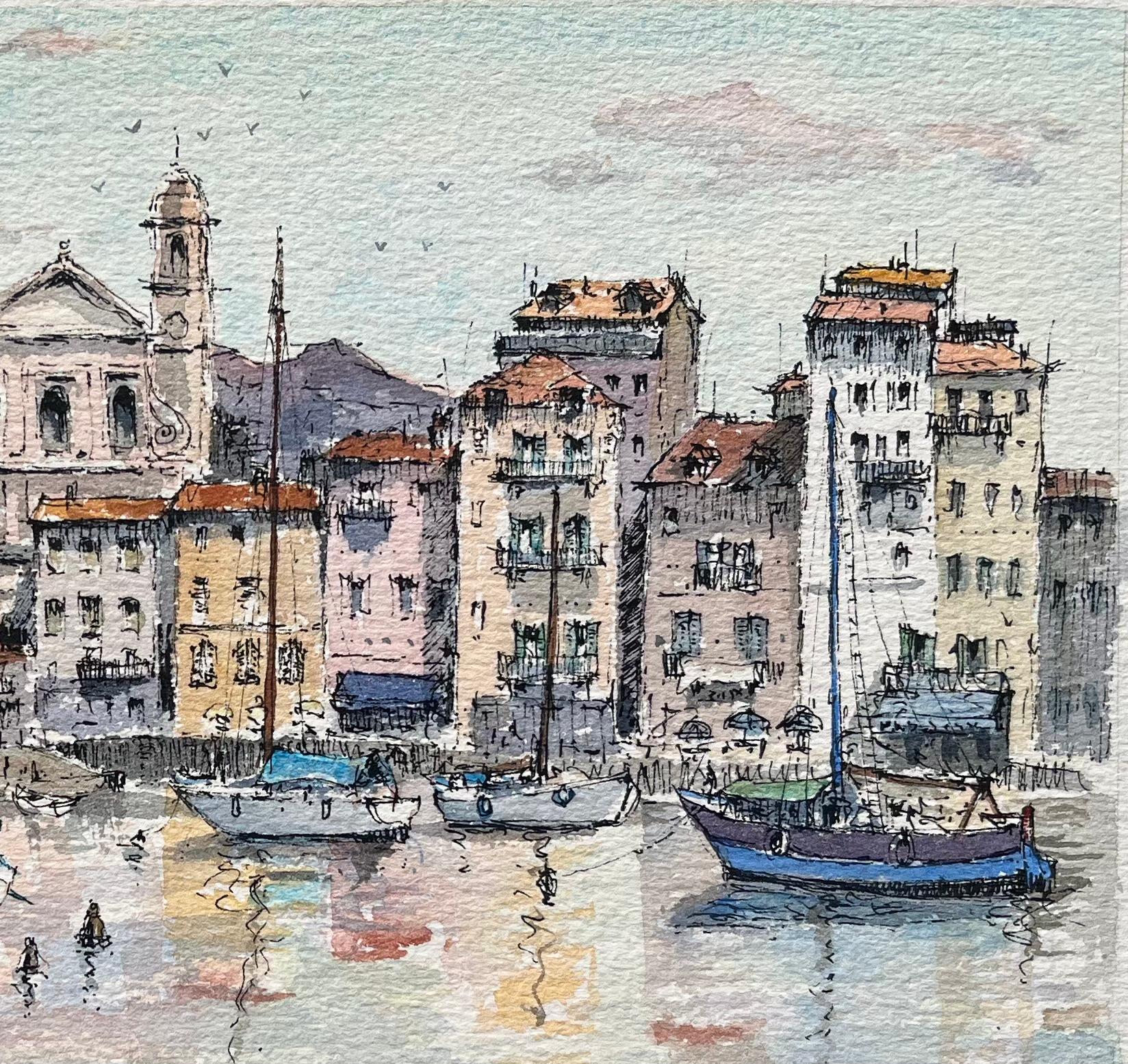 Aquarelle de Vieux Port Bastia avec des bateaux et des façades colorées - Gris Landscape Painting par Robert Lepine (1929 - 2017)