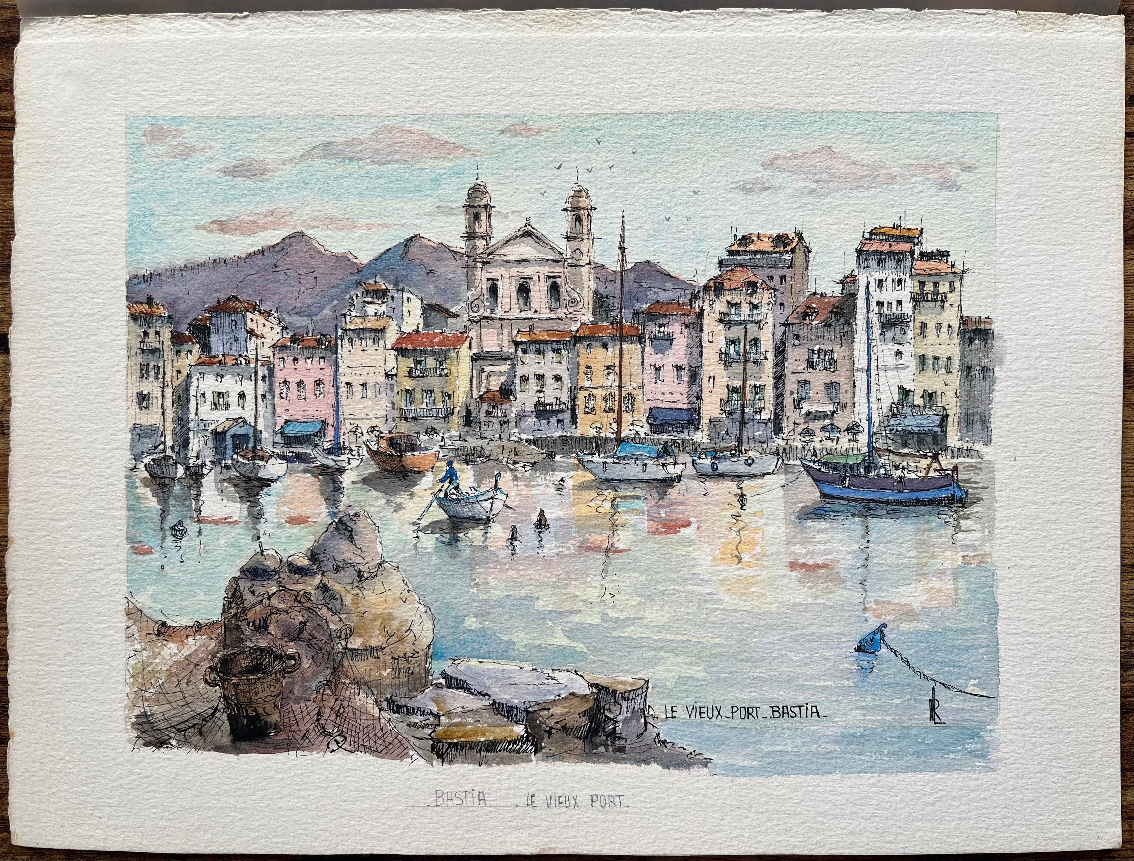 Aquarelle de Vieux Port Bastia avec des bateaux et des façades colorées - Painting de Robert Lepine (1929 - 2017)