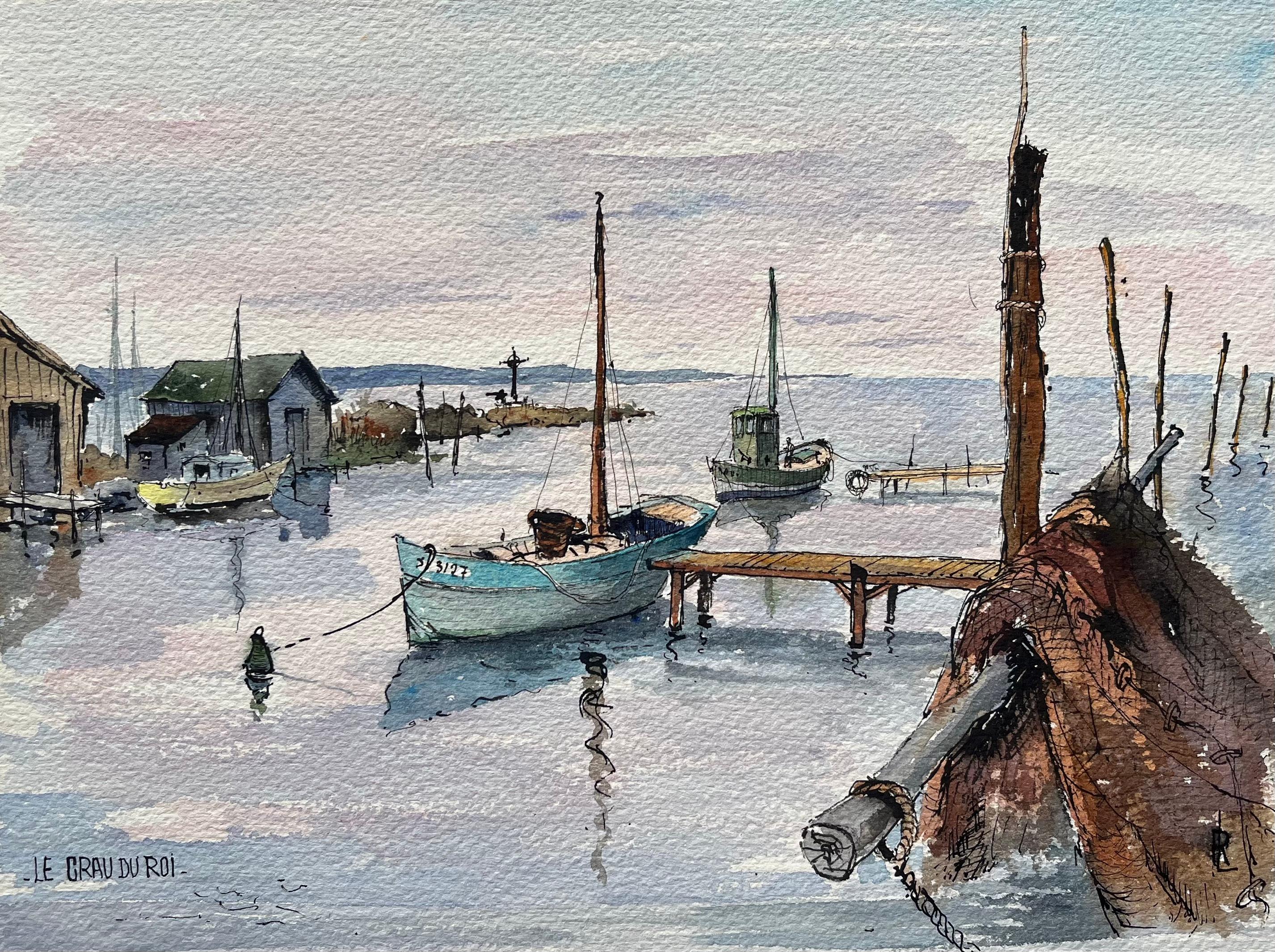Robert Lepine (1929 - 2017) Landscape Art – Le Grau-du-Roi Watercolor of Fishing Boats and Coastal Harbor