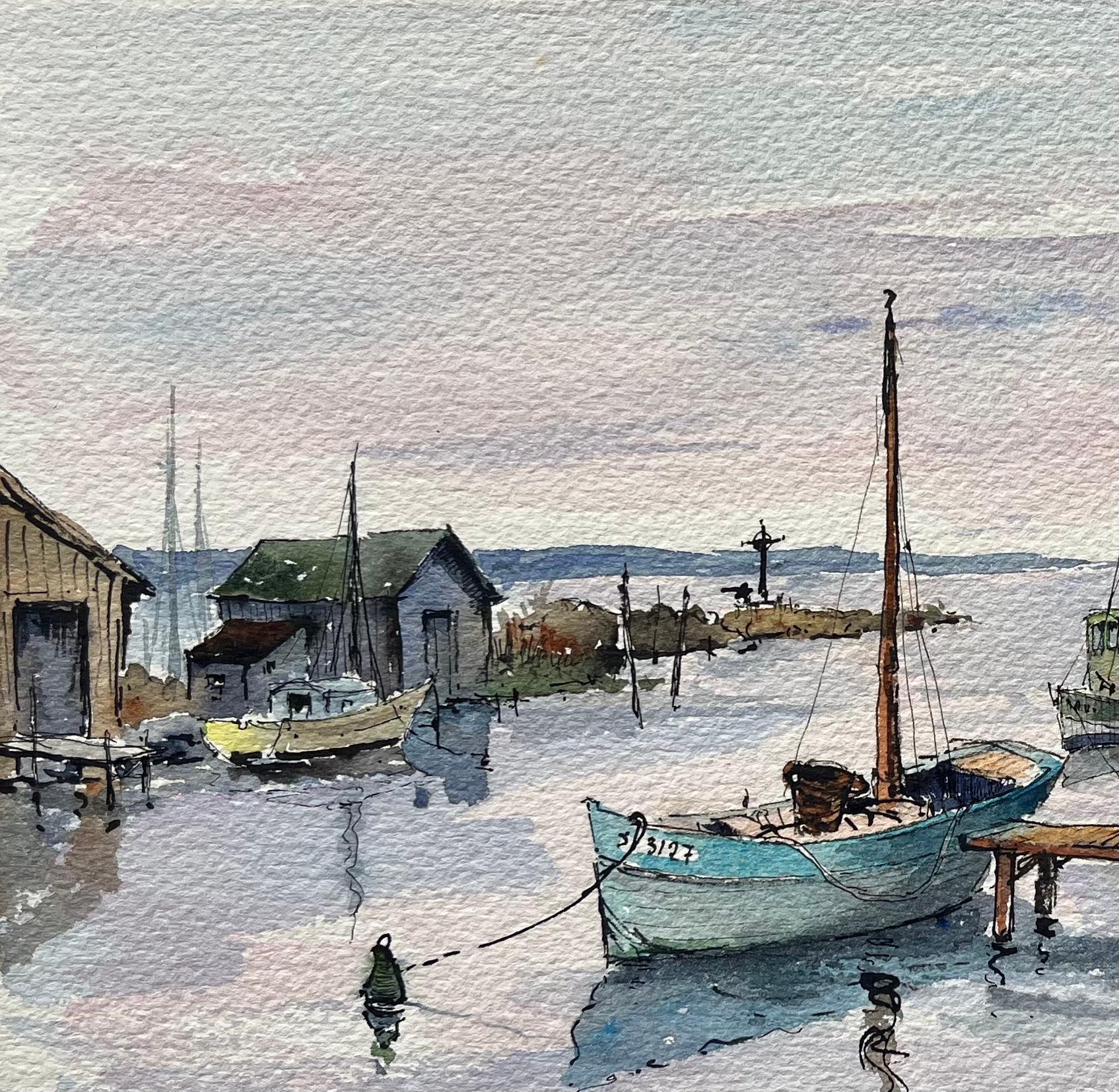 Le Grau-du-Roi Watercolor of Fishing Boats and Coastal Harbor (Französische Schule), Art, von Robert Lepine (1929 - 2017)