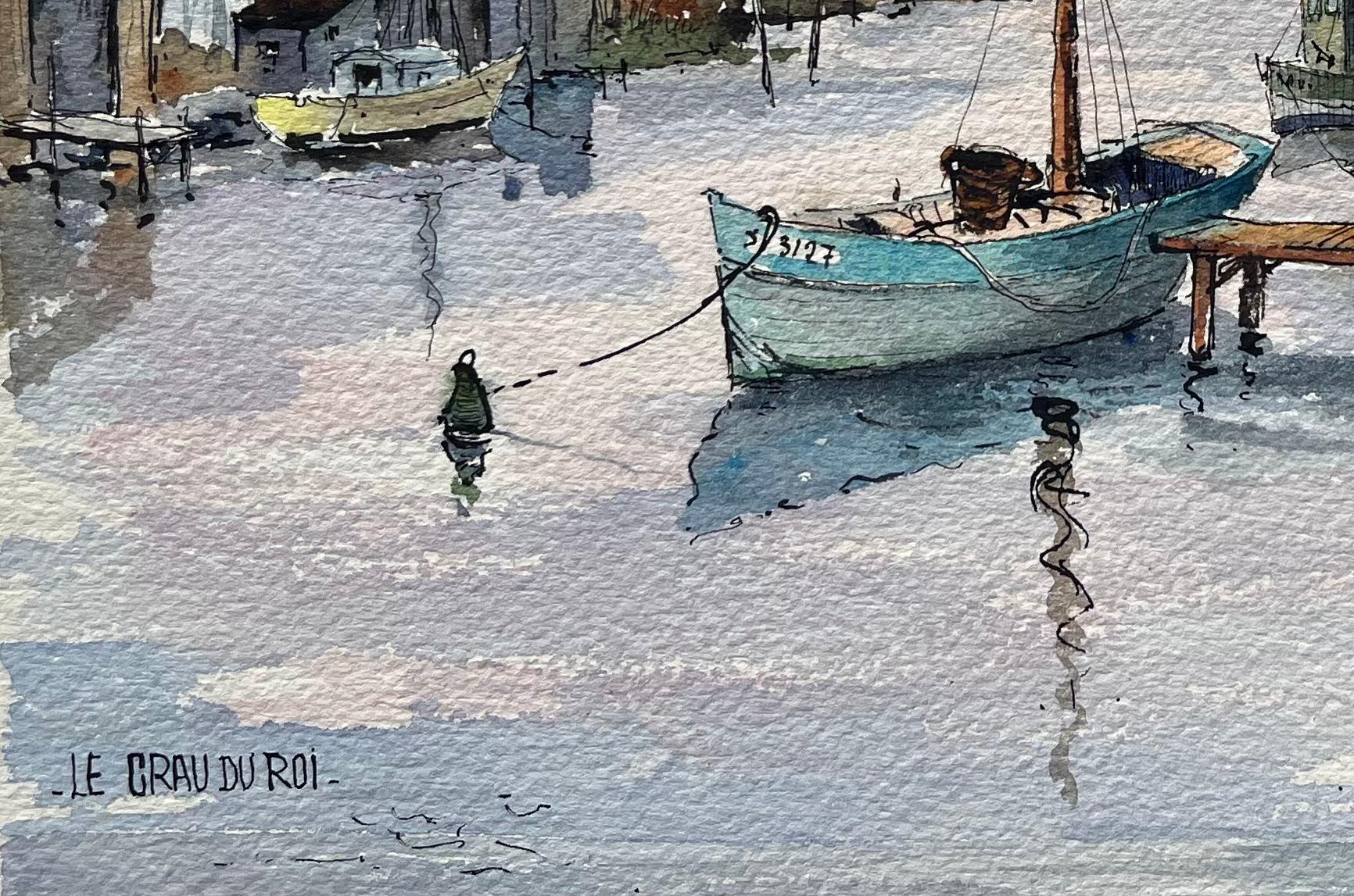 Titel: Le Grau-du-Roi Aquarell von Fischerbooten und Küstenhafen
von Robert Lepine (Franzose, 1929 - 2017)
Unterschrieben: Ja
Medium: Aquarellmalerei auf Künstlerpapier
Größe: 11,25 x 15 (Höhe x Breite)
Provenienz: Aus der Sammlung des