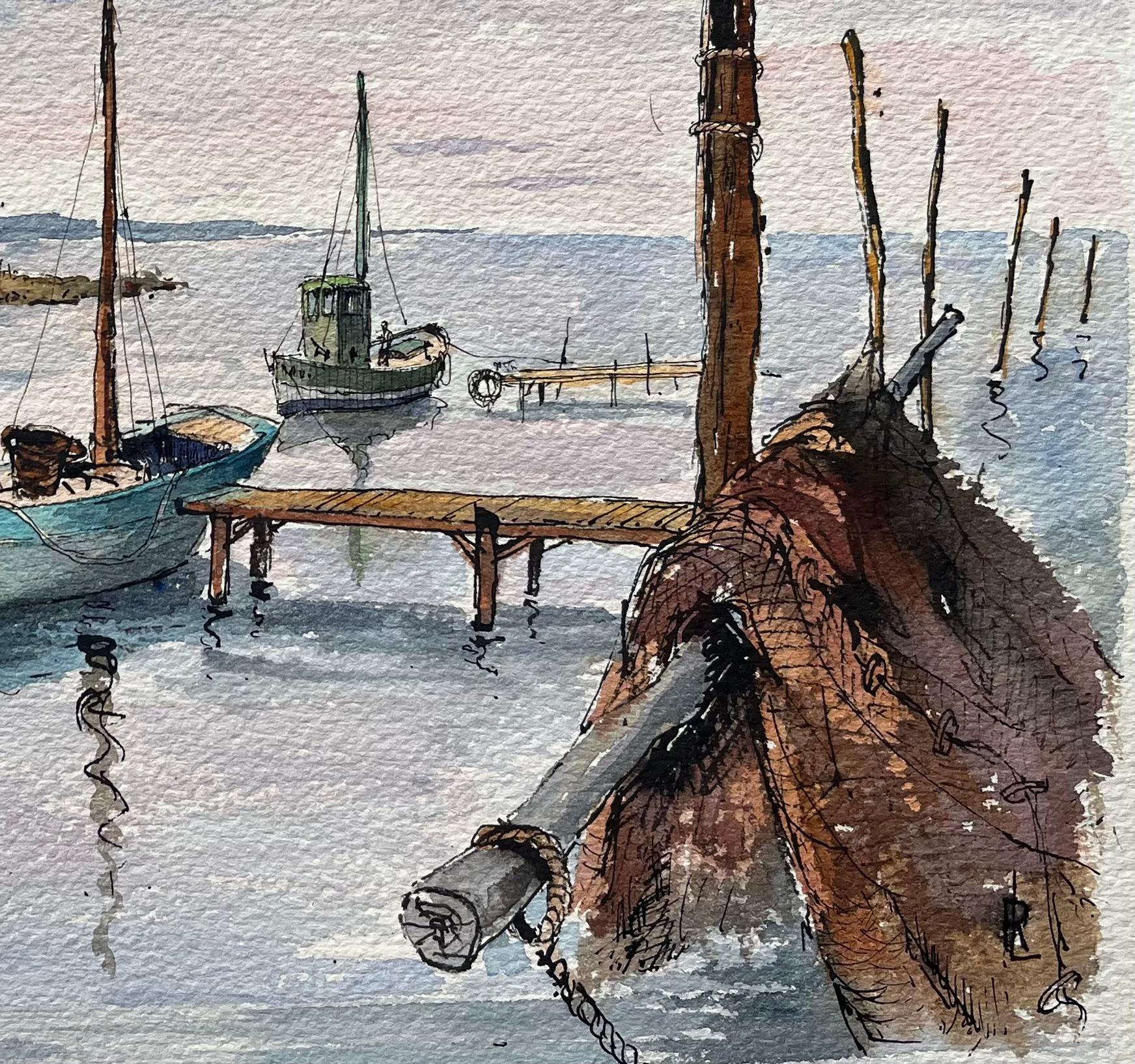 Le Grau-du-Roi Watercolor of Fishing Boats and Coastal Harbor im Angebot 1