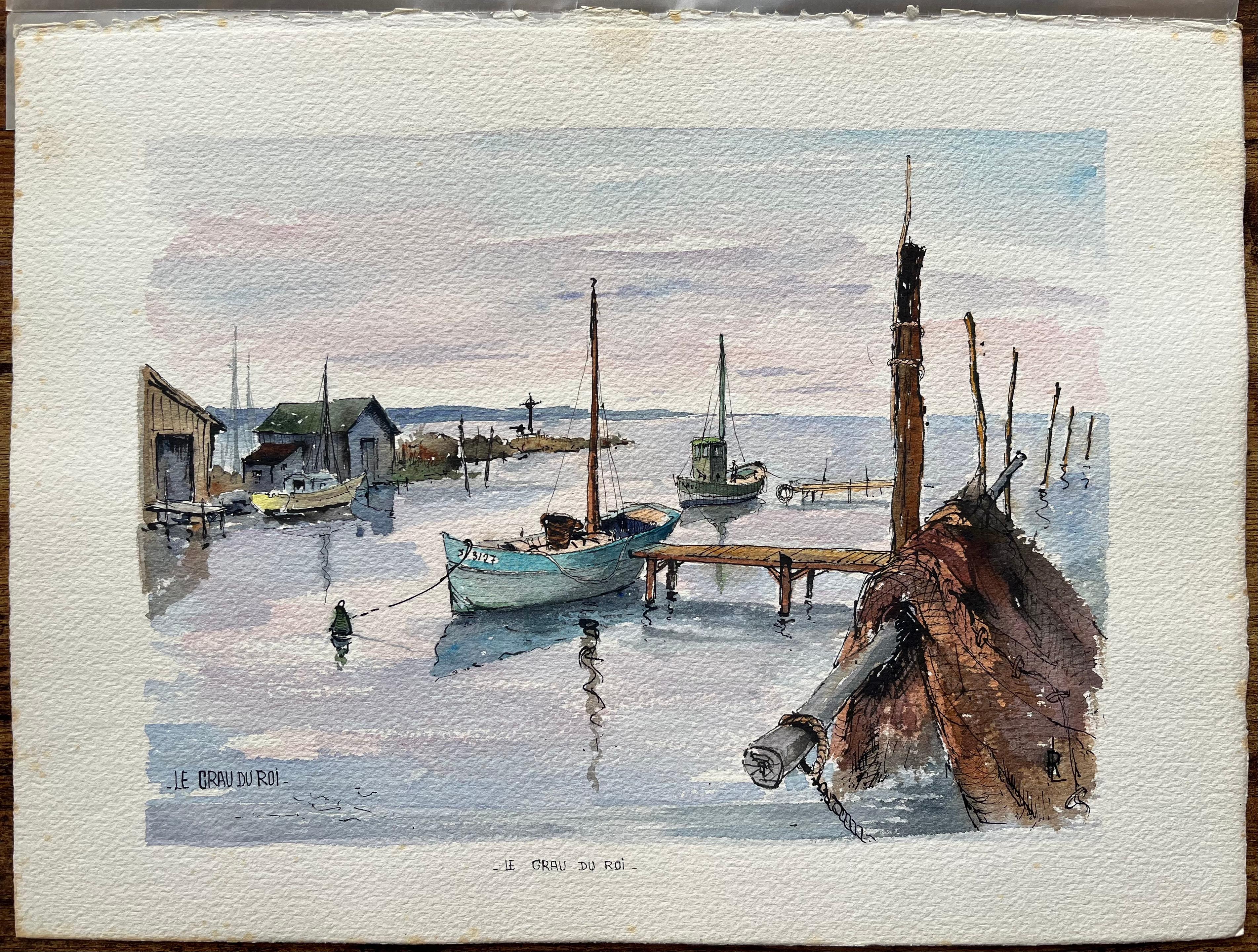 Le Grau-du-Roi Watercolor of Fishing Boats and Coastal Harbor – Art von Robert Lepine (1929 - 2017)
