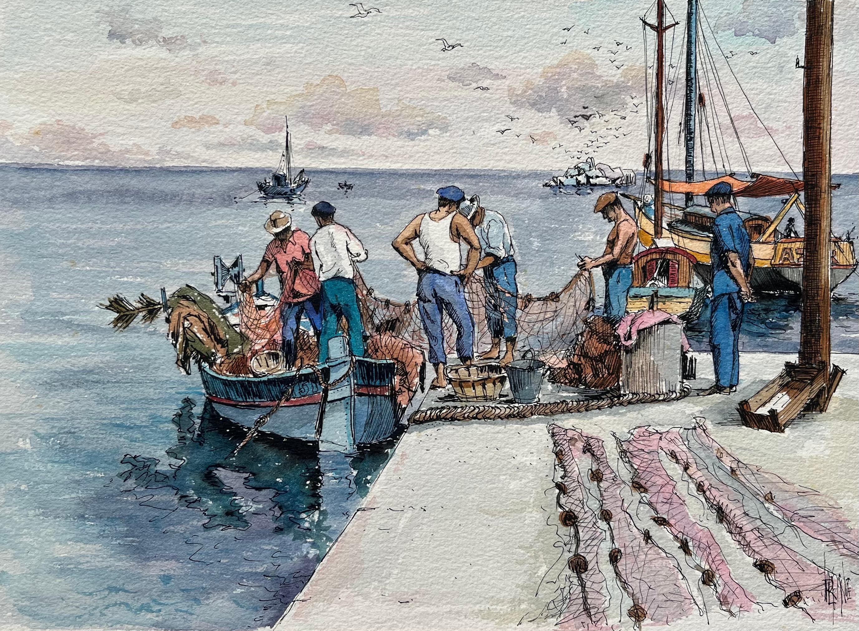 Acquerello mediterraneo di pescatori che rientrano con barche e reti