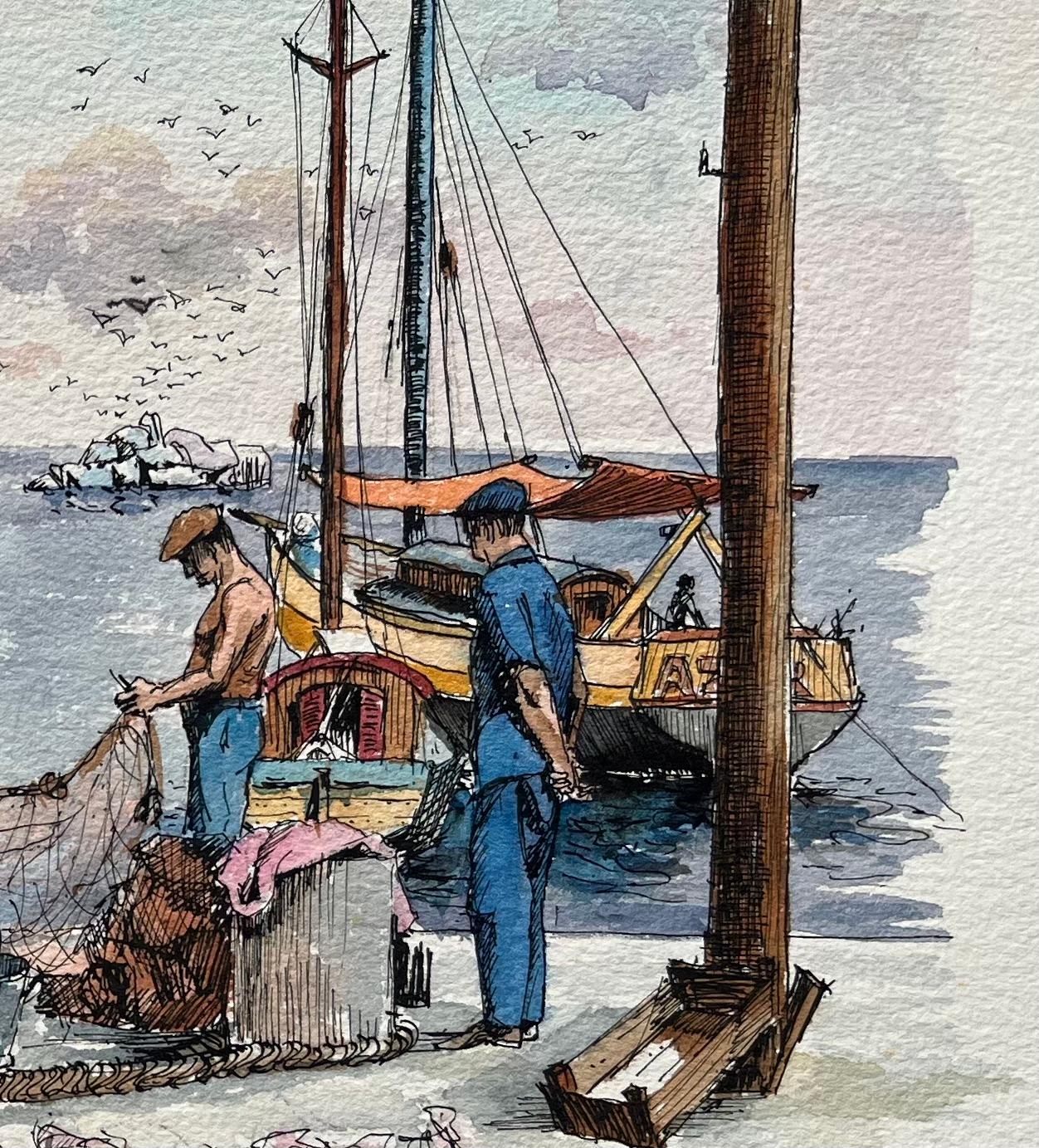 Aquarelle méditerranéenne représentant des pêcheurs revenant avec des bateaux et des filets - Gris Landscape Art par Robert Lepine (1929 - 2017)