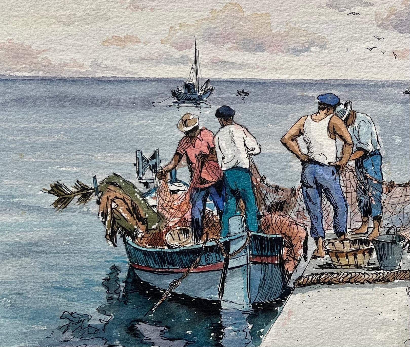 Aquarelle méditerranéenne représentant des pêcheurs revenant avec des bateaux et des filets - École française Art par Robert Lepine (1929 - 2017)