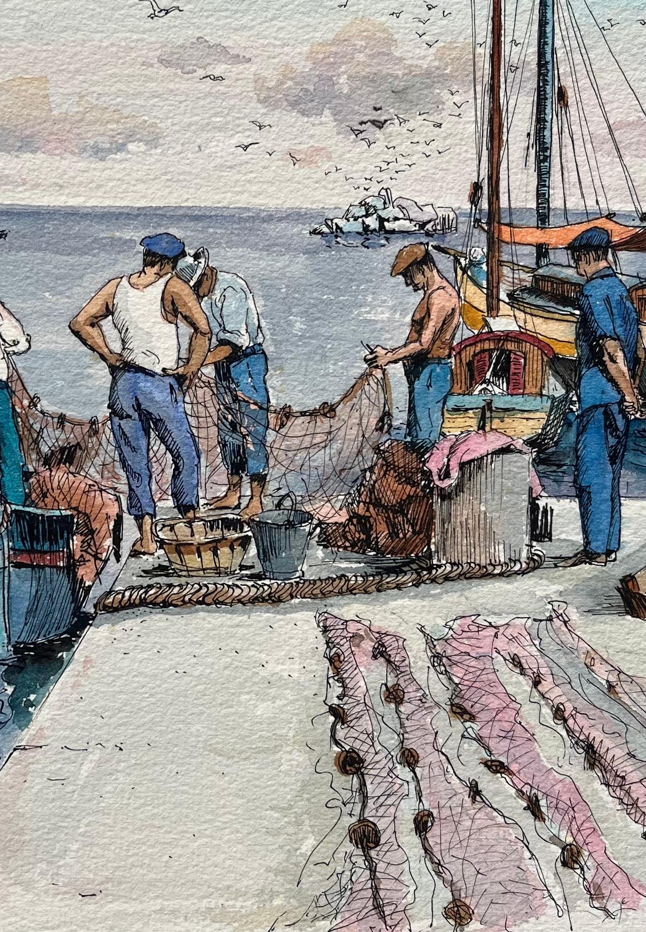 Titre : Aquarelle méditerranéenne de pêcheurs revenant avec des bateaux et des filets
par Robert Lepine (français, 1929 - 2017)
Signé : Oui
Moyen d'expression : Aquarelle sur papier d'artiste
Taille : 11,25 x 15 (hauteur x largeur)
Provenance :