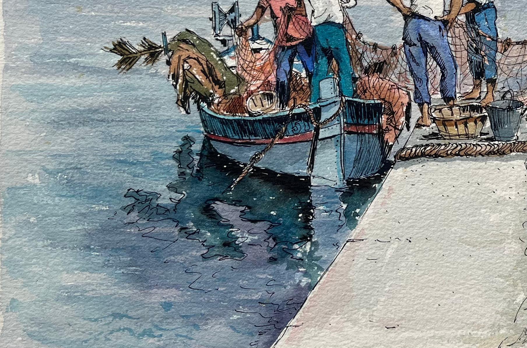 Aquarelle méditerranéenne représentant des pêcheurs revenant avec des bateaux et des filets en vente 1