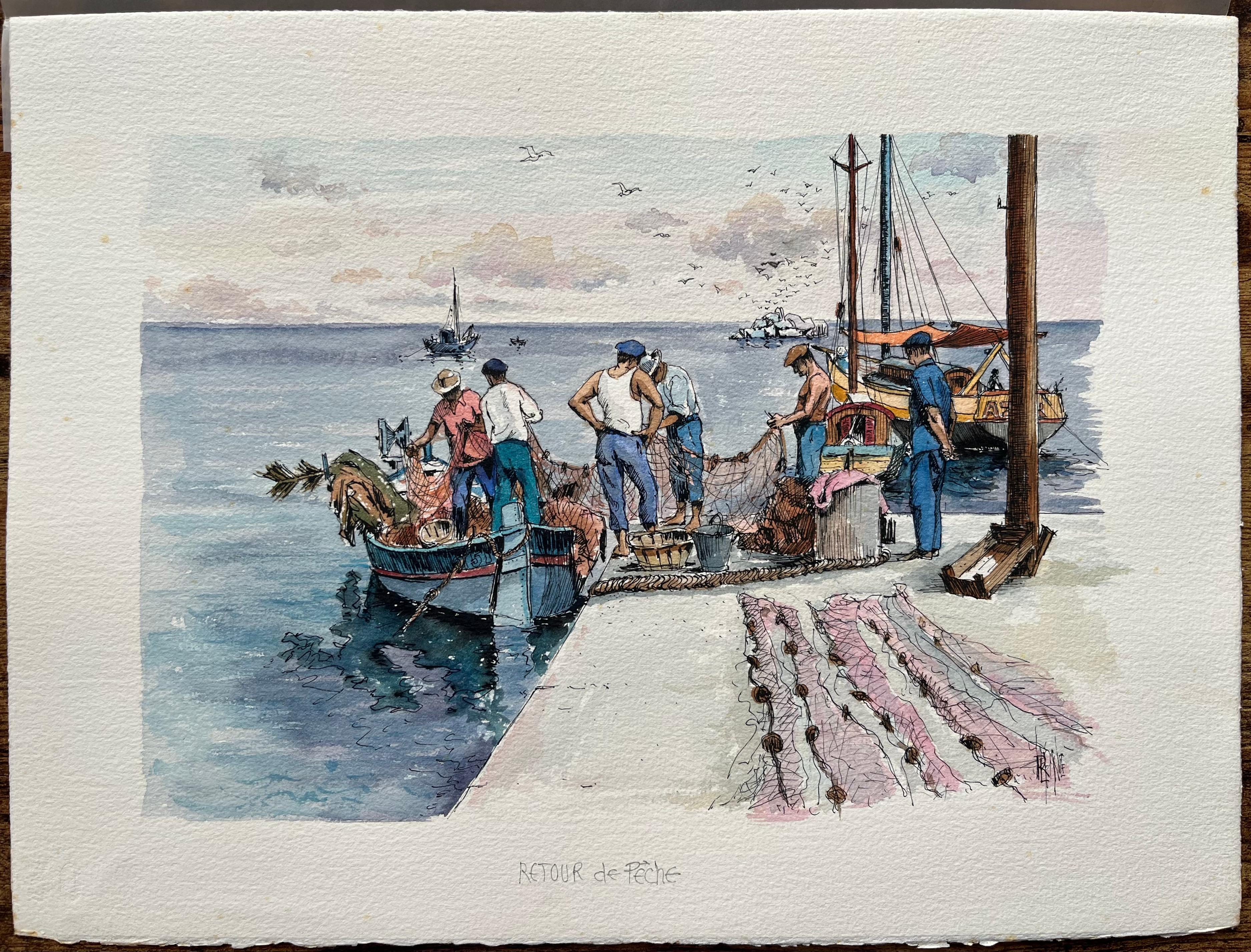 Aquarelle méditerranéenne représentant des pêcheurs revenant avec des bateaux et des filets - Art de Robert Lepine (1929 - 2017)