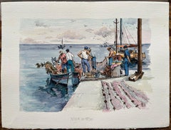 Aquarelle méditerranéenne représentant des pêcheurs revenant avec des bateaux et des filets