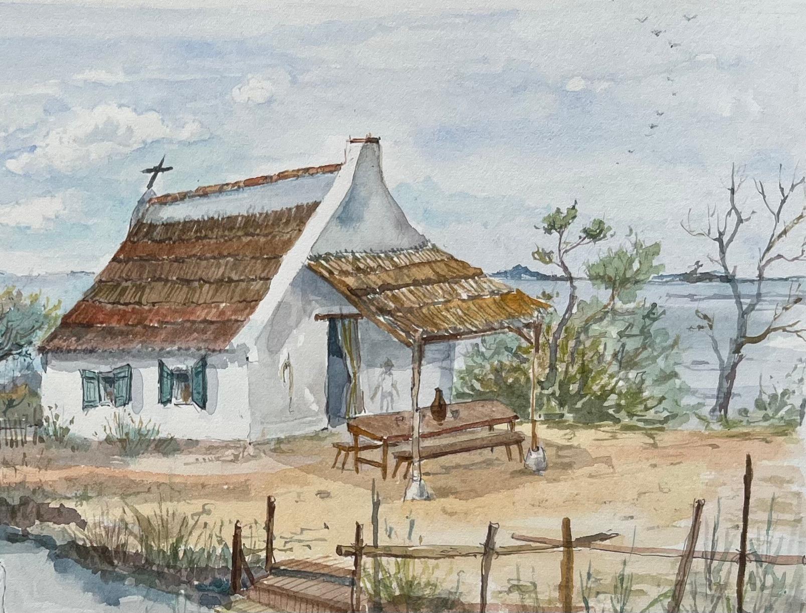 Acquerello in Camargue di un cottage con tetto di paglia, cicogne e palude - Art Scuola francese di Robert Lepine (1929 - 2017)