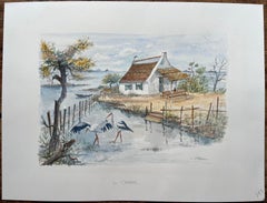 Camargue Watercolor of Thatched Cottage with Storks and Marshland