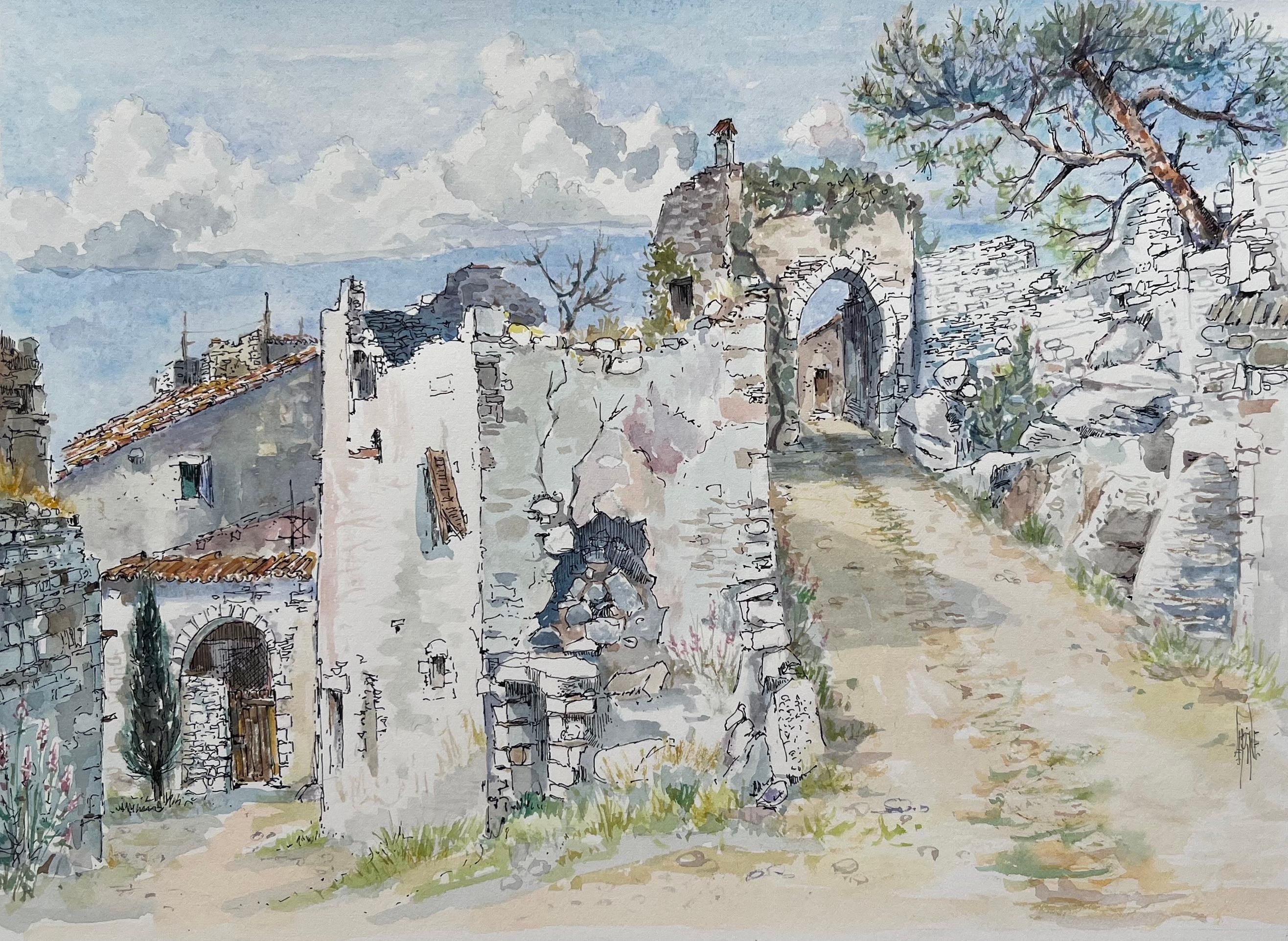 Robert Lepine (1929 - 2017) Landscape Art – Aquarell aus der Provence mit alten Steinhäusern und Bogen in Bonnieux