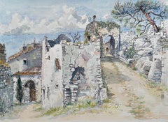 Provence Watercolor of Old Stone Houses and Archway in Bonnieux