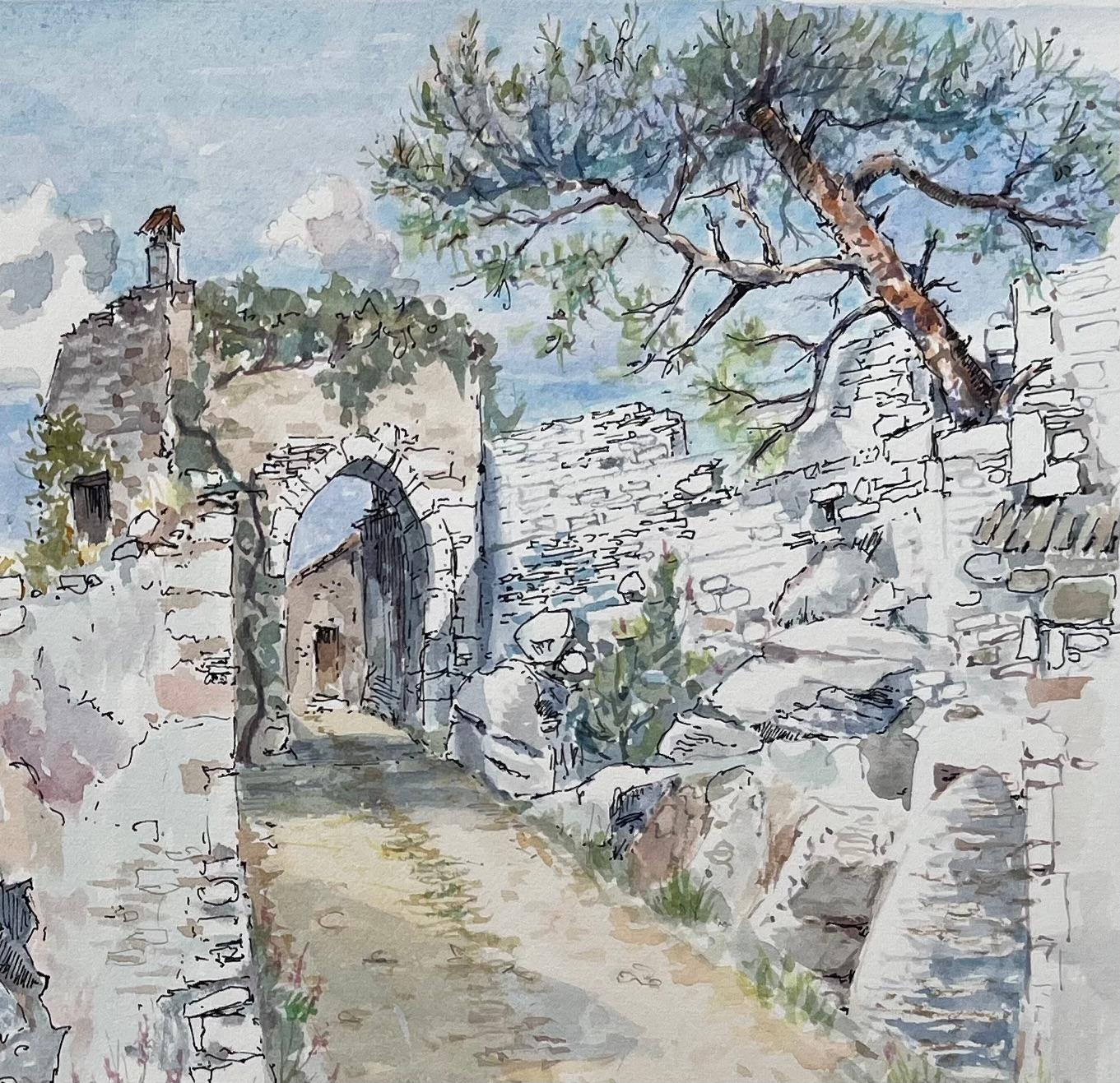 Aquarell aus der Provence mit alten Steinhäusern und Bogen in Bonnieux (Französische Schule), Art, von Robert Lepine (1929 - 2017)