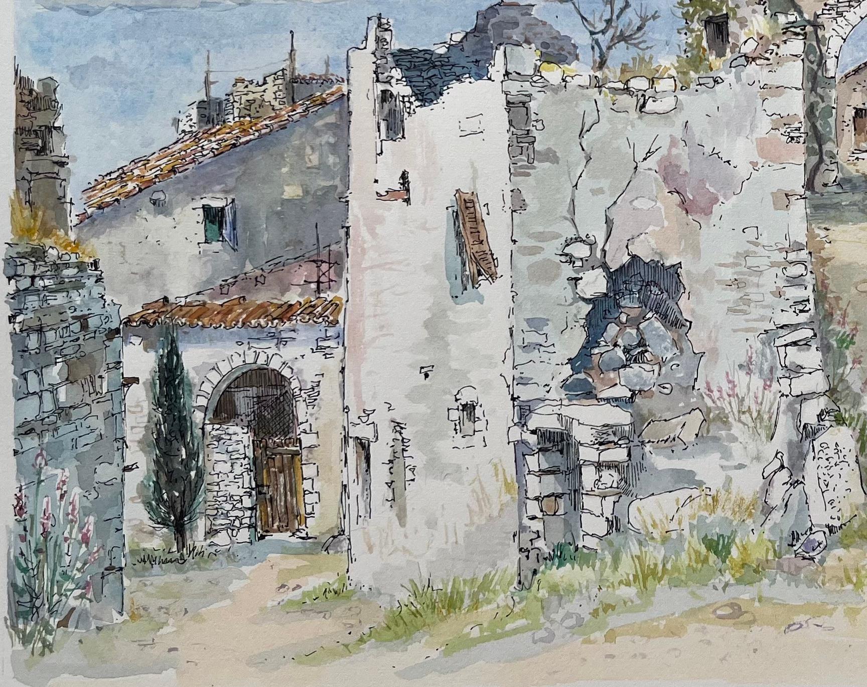 Aquarell aus der Provence mit alten Steinhäusern und Bogen in Bonnieux (Grau), Landscape Art, von Robert Lepine (1929 - 2017)