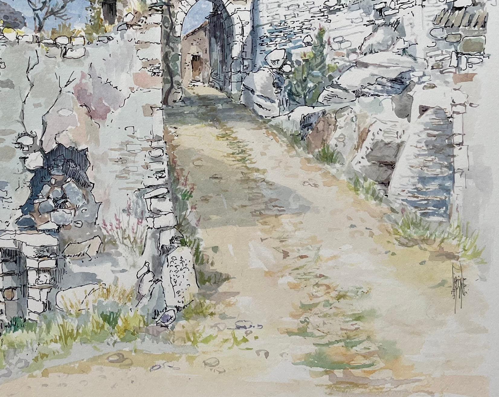 Aquarell aus der Provence mit alten Steinhäusern und Bogen in Bonnieux im Angebot 1