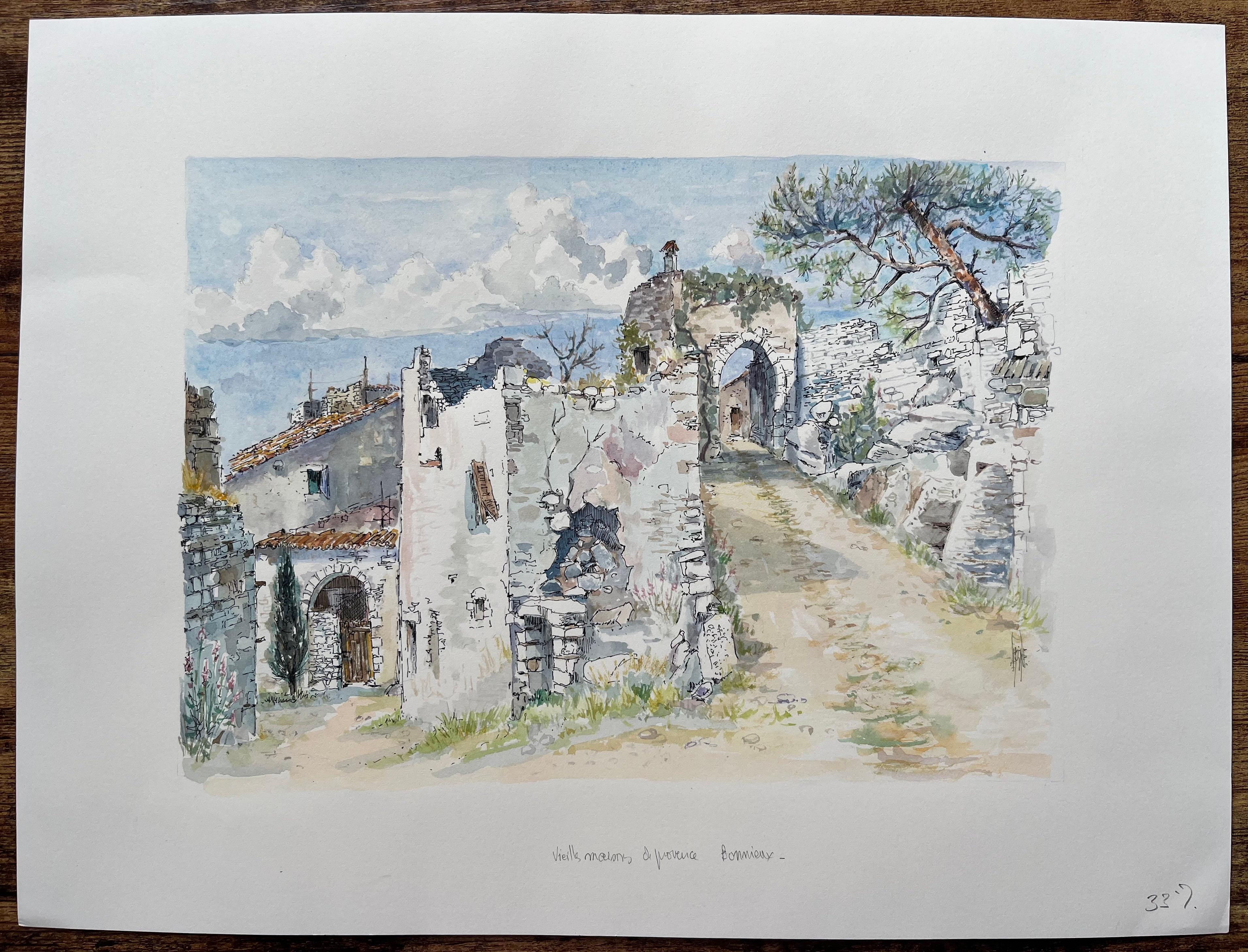 Aquarell aus der Provence mit alten Steinhäusern und Bogen in Bonnieux – Art von Robert Lepine (1929 - 2017)