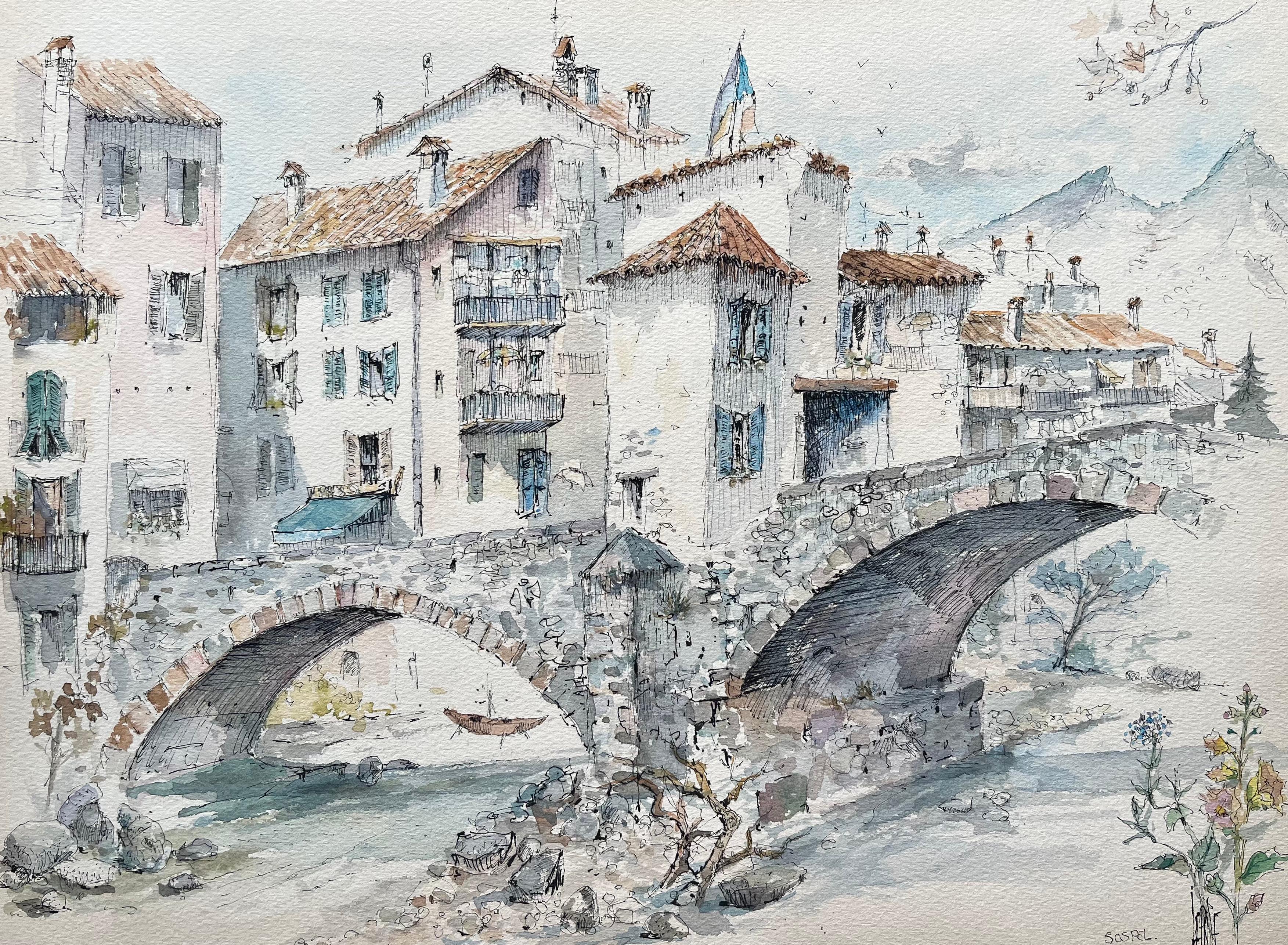 Robert Lepine (1929 - 2017) Landscape Painting – Aquarell der Provence von Steinbrücken- und Dorfhäusern in Sospel, Provence
