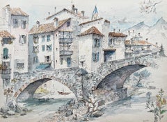 Acuarela provenzal de puente de piedra y casas de pueblo en Sospel