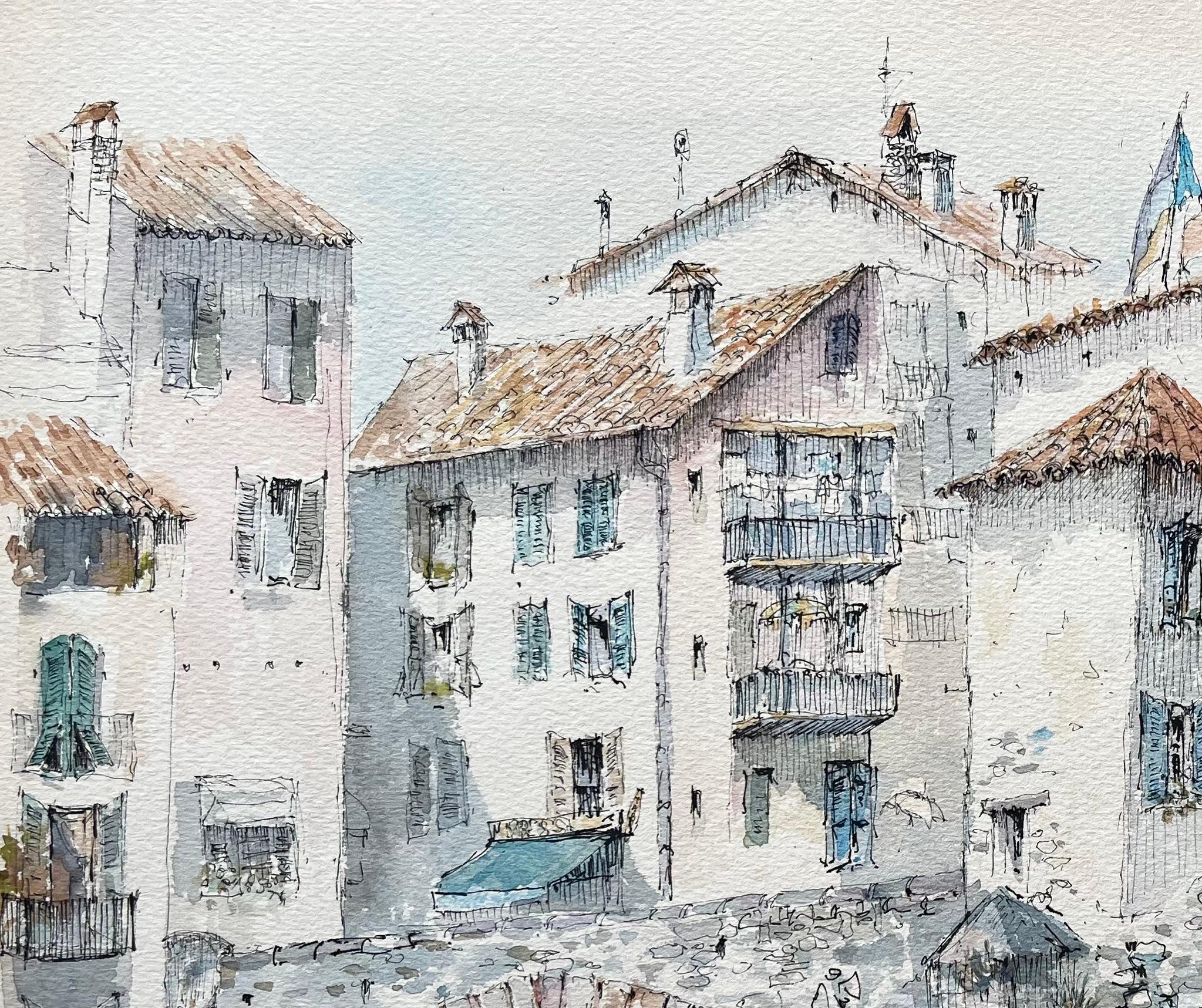 Aquarell der Provence von Steinbrücken- und Dorfhäusern in Sospel, Provence (Französische Schule), Painting, von Robert Lepine (1929 - 2017)