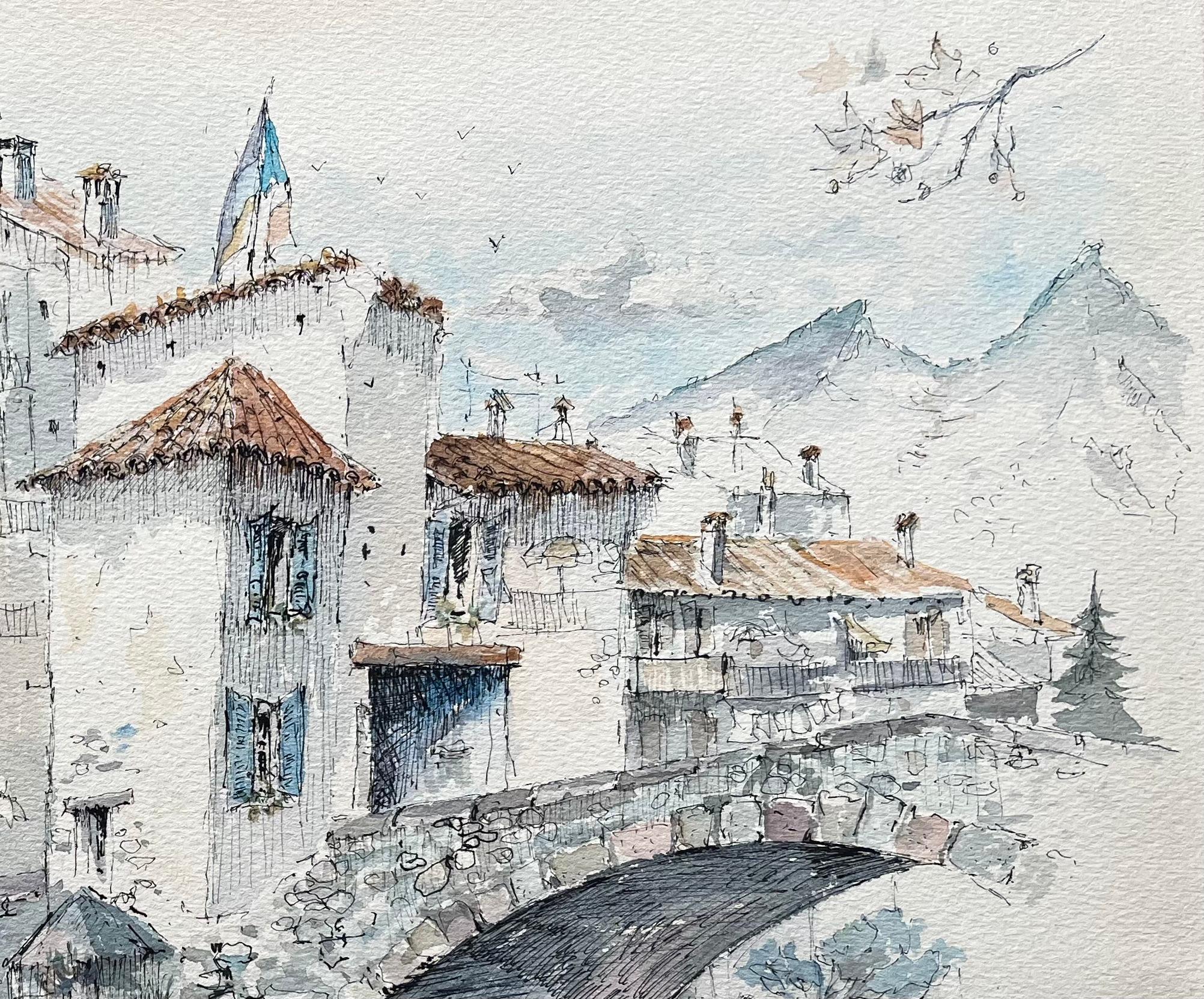 Aquarell der Provence von Steinbrücken- und Dorfhäusern in Sospel, Provence (Grau), Landscape Painting, von Robert Lepine (1929 - 2017)