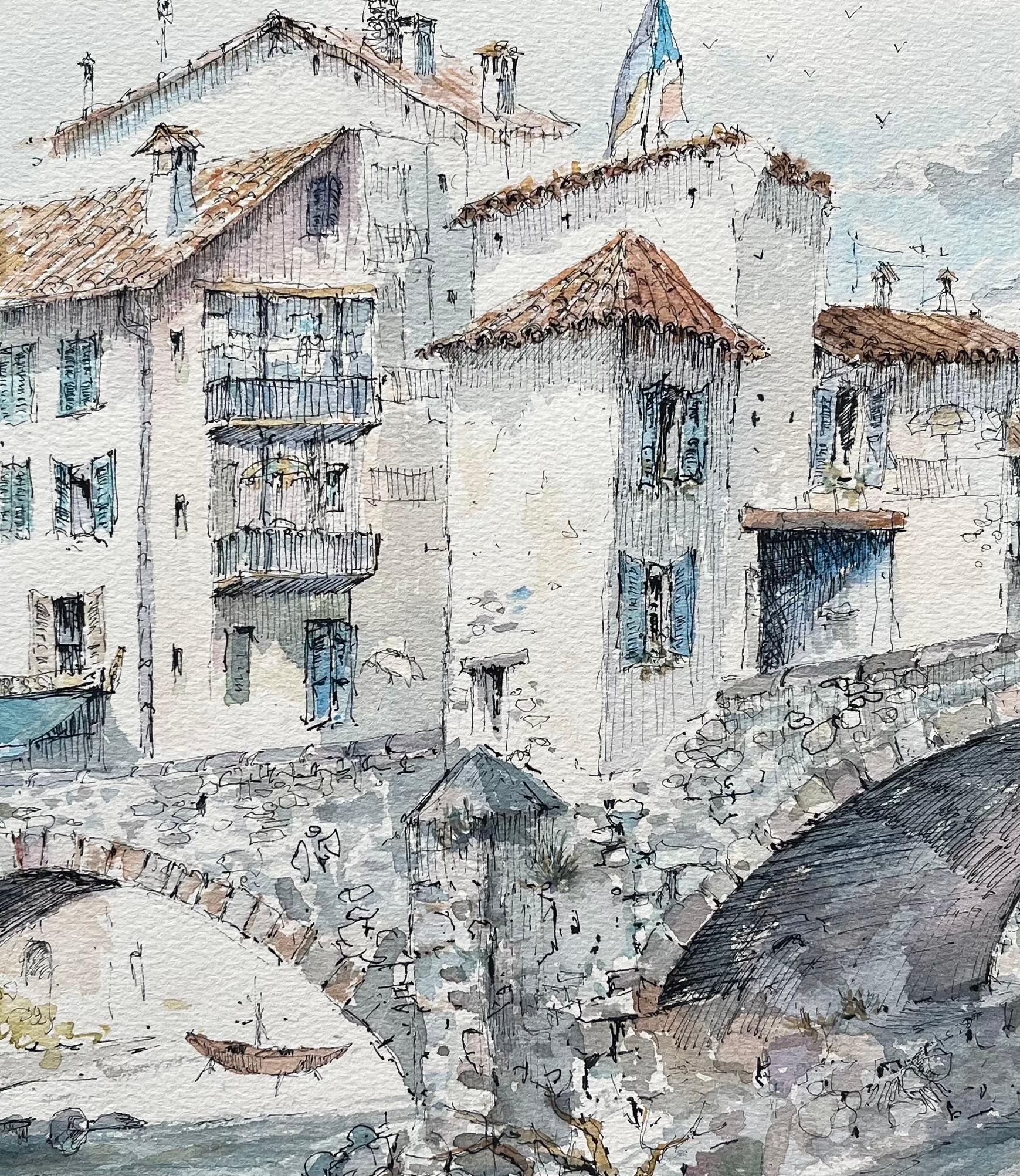 Aquarell der Provence von Steinbrücken- und Dorfhäusern in Sospel, Provence im Angebot 2