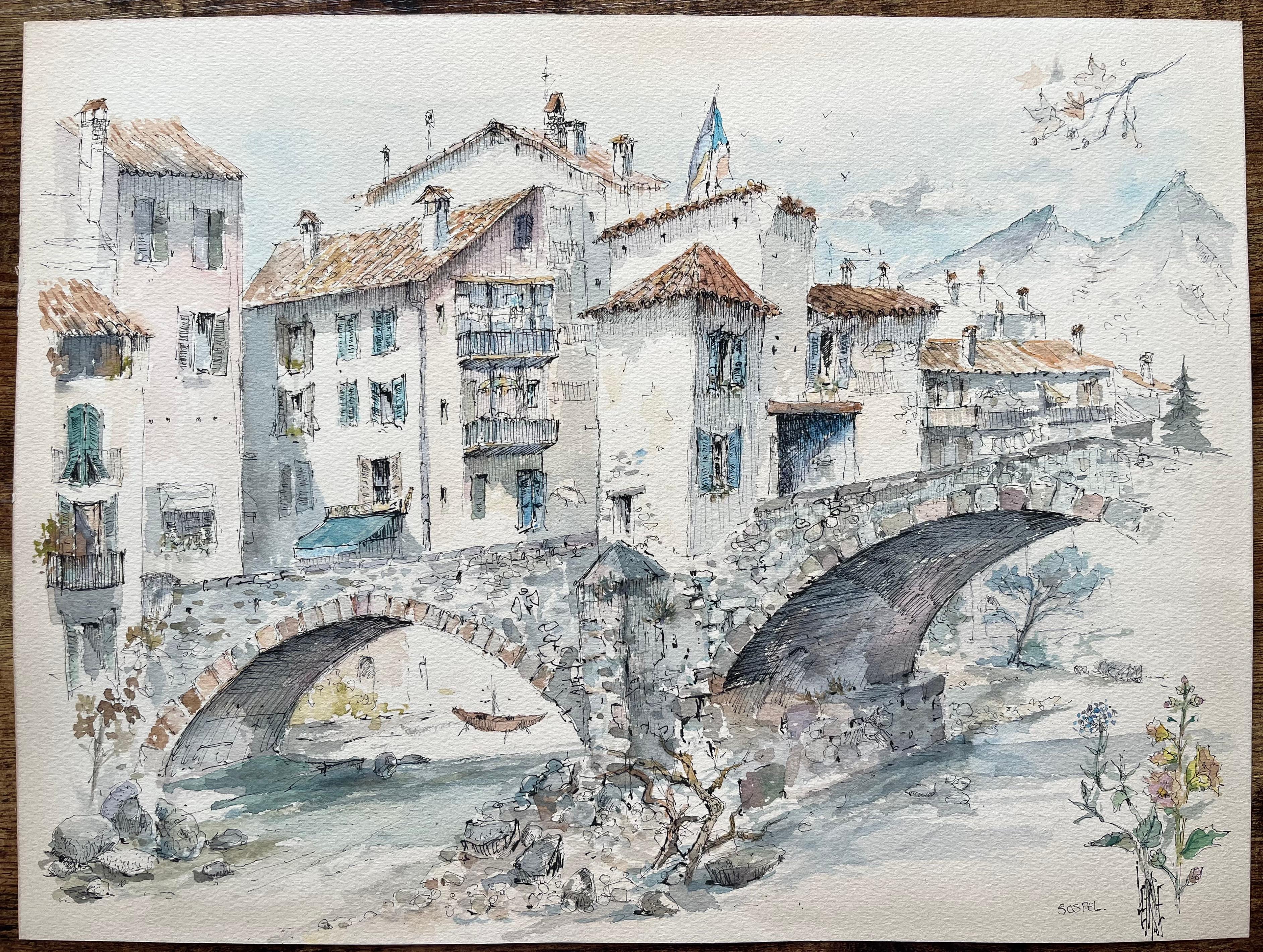 Aquarell der Provence von Steinbrücken- und Dorfhäusern in Sospel, Provence – Painting von Robert Lepine (1929 - 2017)