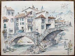 Provence Watercolor of Stone Bridge and Village Houses in Sospel