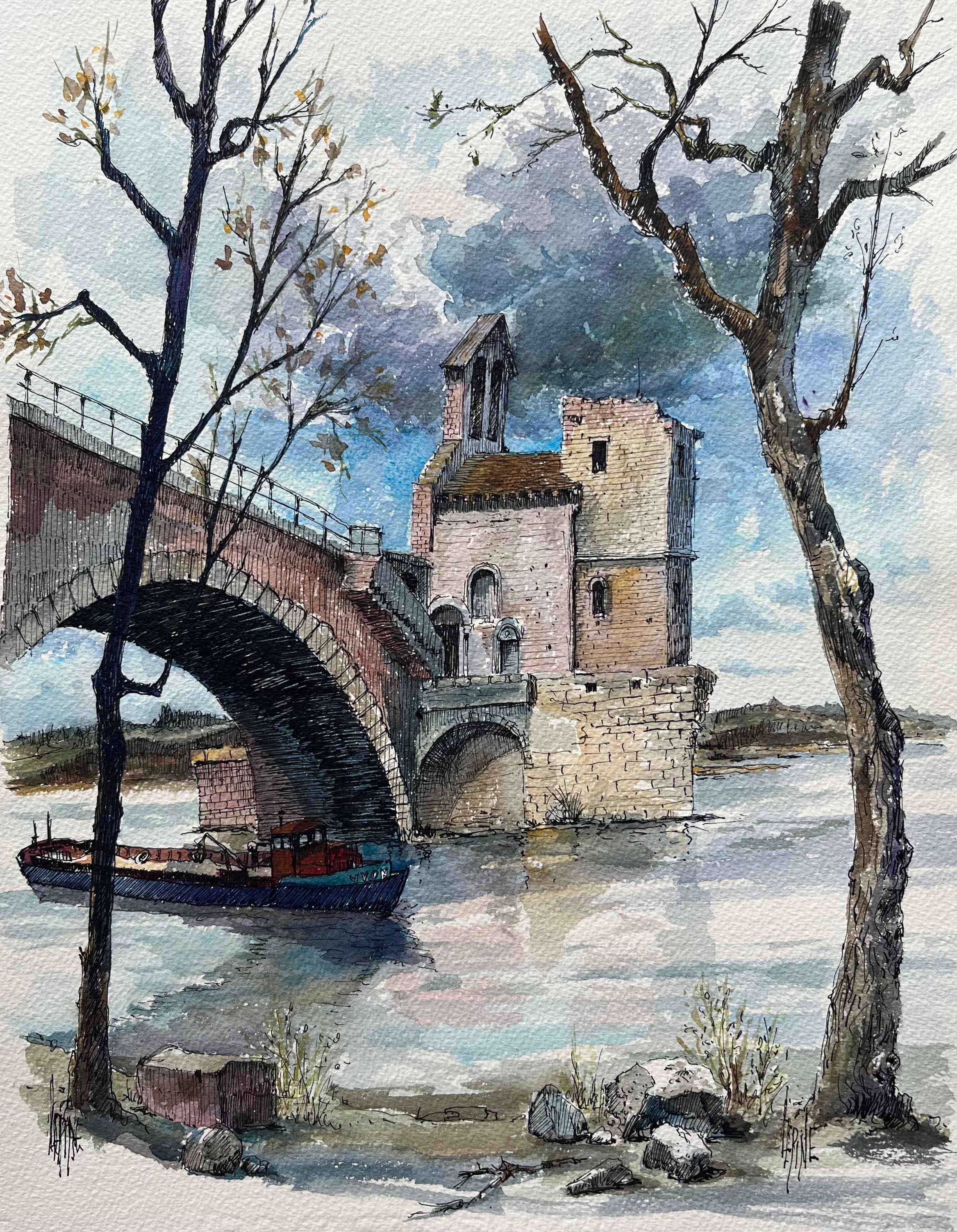 Robert Lepine (1929 - 2017) Landscape Painting – Avignon Aquarell der Pont Saint-Bénézet und historische Fluss-Szene