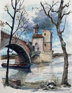 Avignon Aquarell der Pont Saint-Bénézet und historische Fluss-Szene