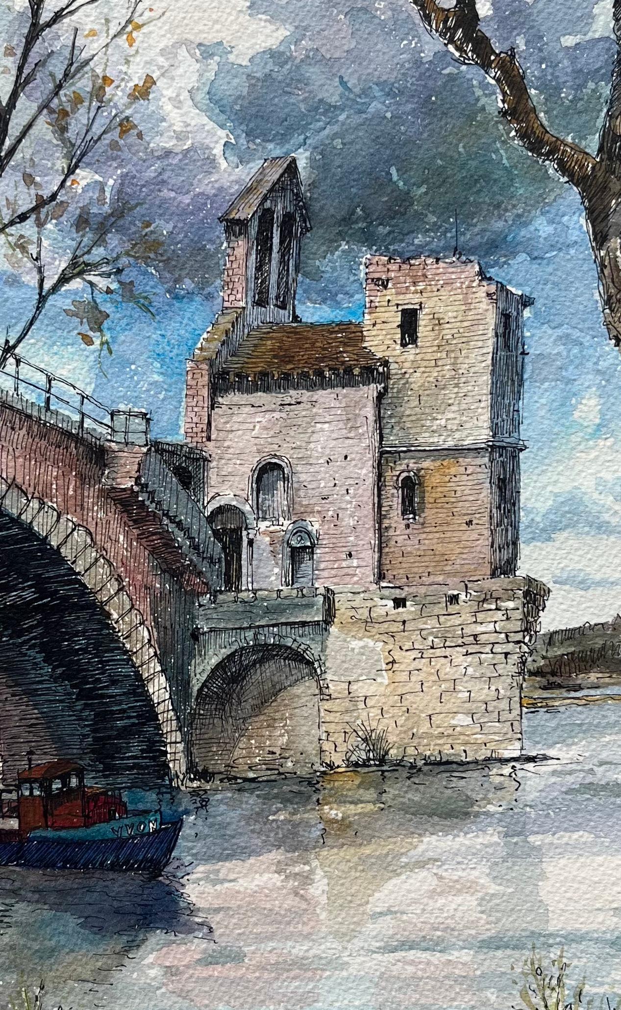 Avignon Aquarell der Pont Saint-Bénézet und historische Fluss-Szene (Grau), Landscape Painting, von Robert Lepine (1929 - 2017)