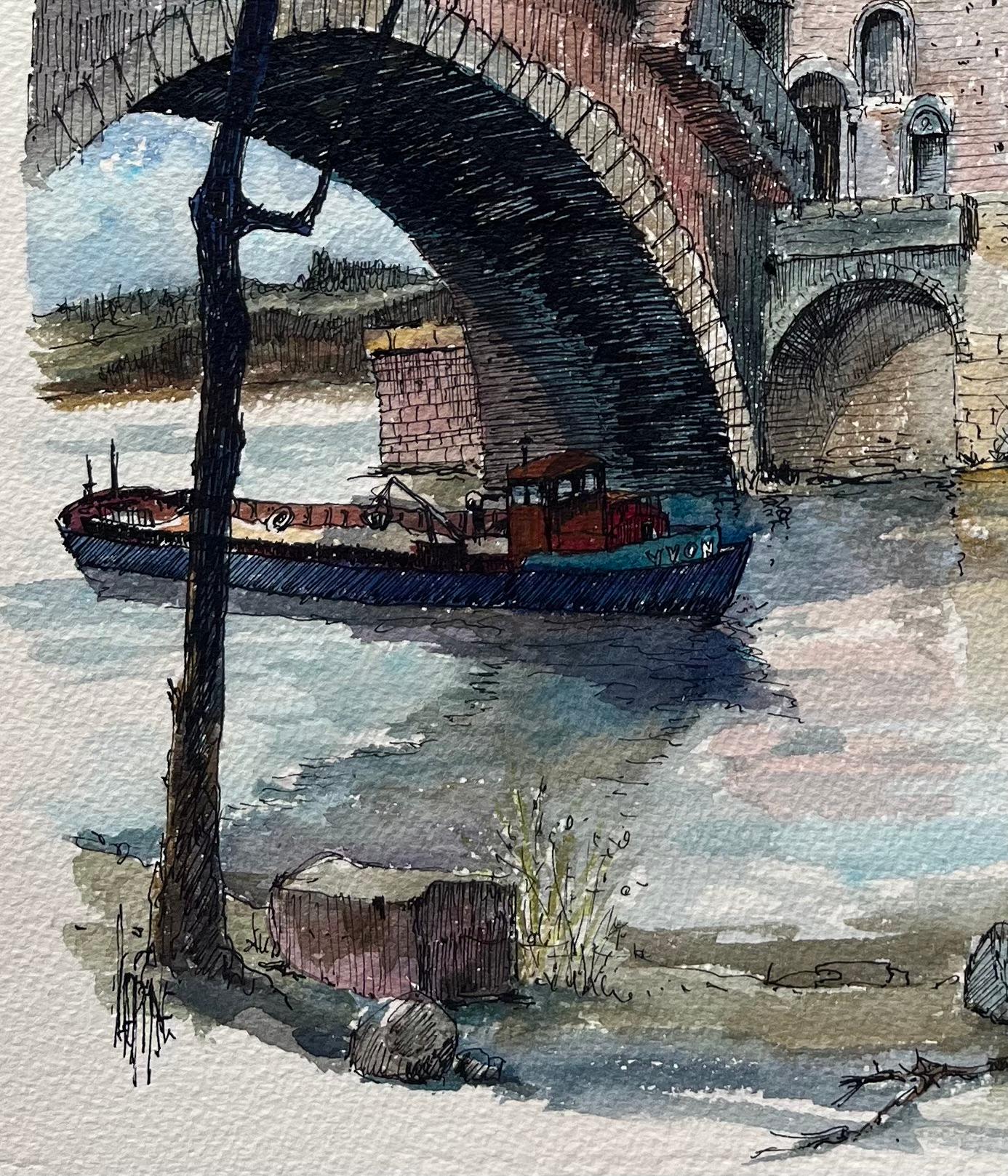 Avignon Aquarell der Pont Saint-Bénézet und historische Fluss-Szene (Französische Schule), Painting, von Robert Lepine (1929 - 2017)