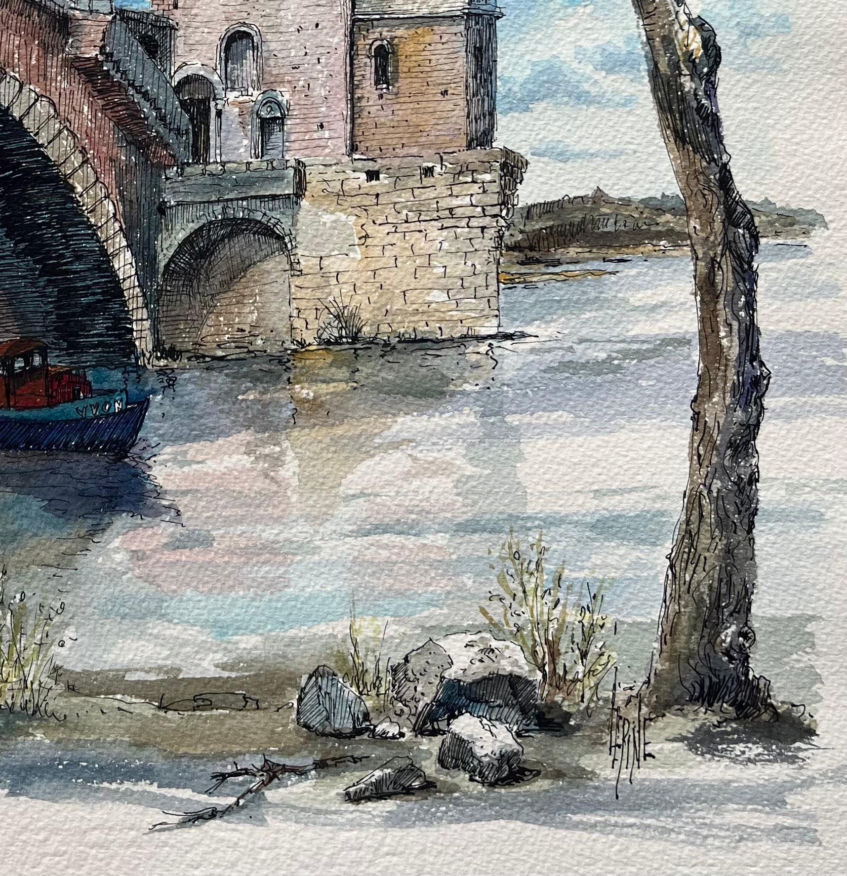 Avignon Aquarell der Pont Saint-Bénézet und historische Fluss-Szene im Angebot 2